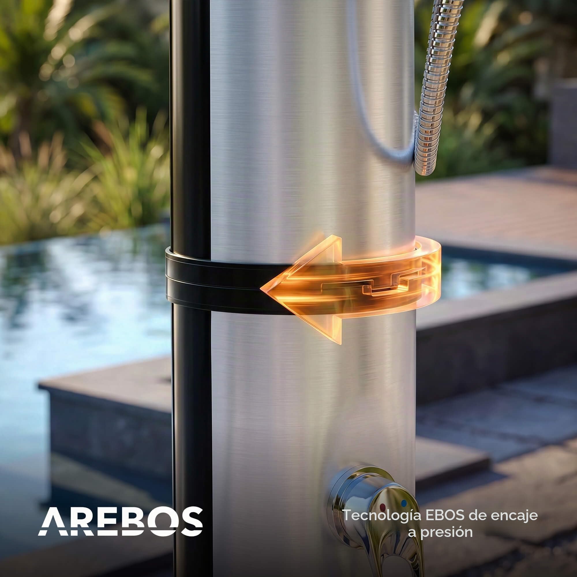 Arebos Ducha Solar de 40 L, con termómetro Integrado, Ducha de Mano, Cabezal de Ducha Giratorio, con Ducha de pies y conexión de Manguera de jardín, Incluye Material de Montaje y Cubierta