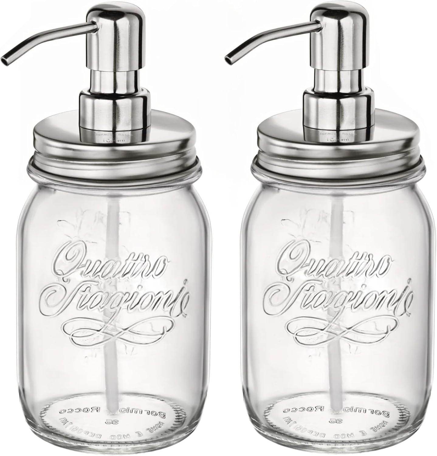 Bormioli Rocco I Genietti Soap Dispenser, Set of 2 - Quattro Stagioni Glass Bottles with 17 Oz Capacity, Reusable Pump Jars with Stainless Steel Multi-Function Tops - Bathroom or Kitchen Use