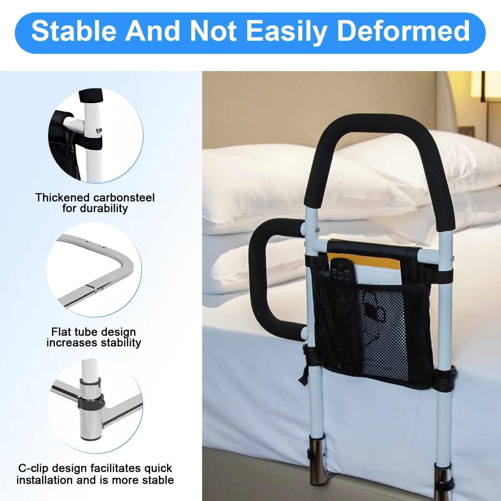 NEWFUN Sponda Letto Anziani, Sbarre Per Letto Anziani, Sponde Per Letto Anziani, Sbarra Letto Anziani, Con Corrimano Rimovibile e Rinforzato e Borsa di Stoccaggio, Sicura e Stabile
