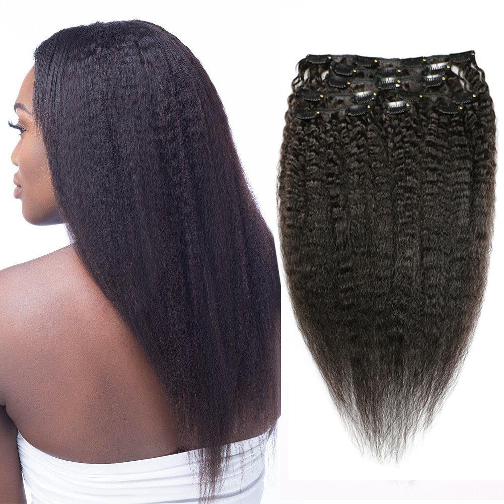 8 Teiliges Set Kinky Straight Clip in Extensions 100% Remy Echthaar Virgin Hair Yaki Haarverlängerung,1# Schwarz, 120g