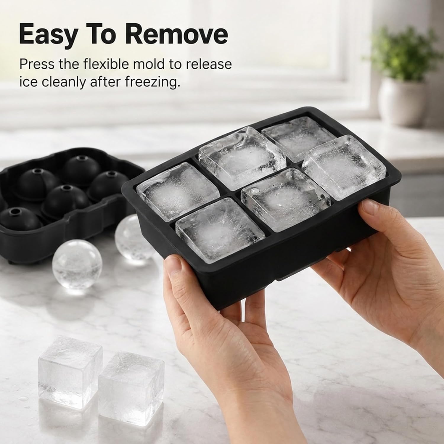 Ice Cube Trays (Set of 2), Food-Grade Silicone Sphere Ice Ball Maker with Lids & Large Whiskey Square Ice Mold for Bourbon Cocktails