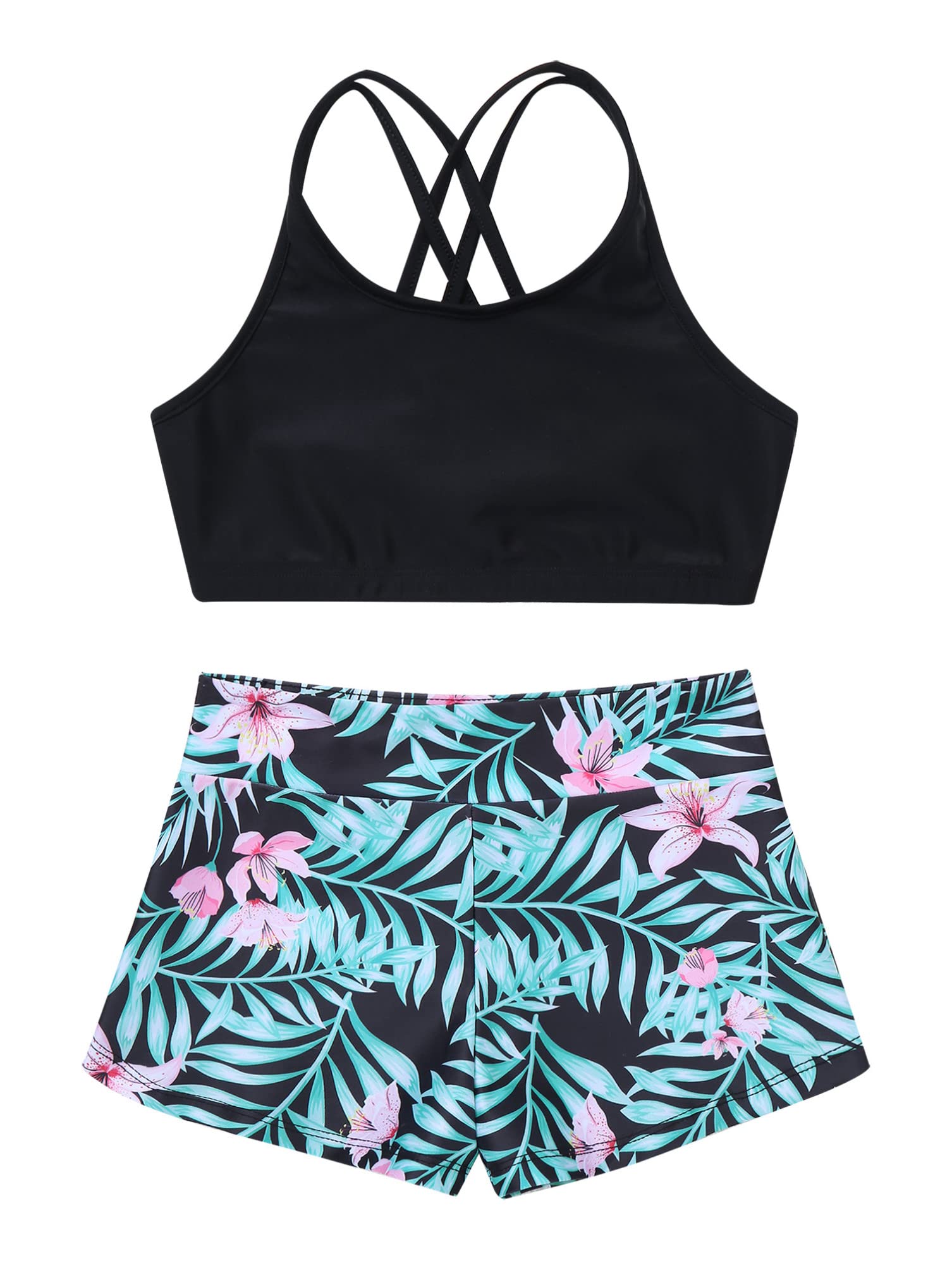 dPois Anti UV Enfant Fille Maillot de Bain 3 Pièces T-Shirt Rashguard Manche Longue Débardeur Short de Plage Sport Natation Tankini Ado Vacances 7-16 Ans