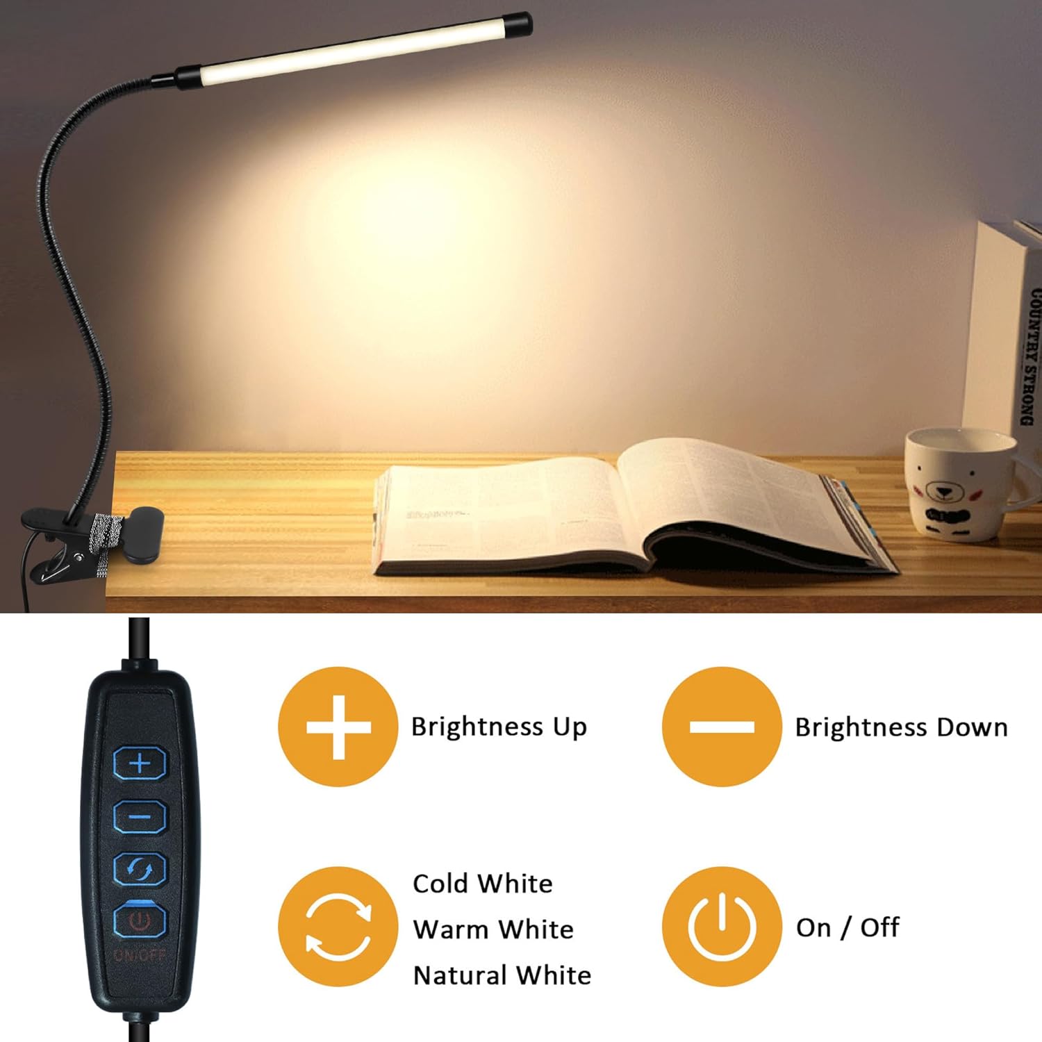 Akynite LED Clip on Light 8W Reading Lights for Books in Bed, Adjustable 3 Modes 10 Brightness Dimmable Clamp Lamp, Flexible Book Light Clip on for Bed Workbench Drafting, 580LM, USB Adapter Included