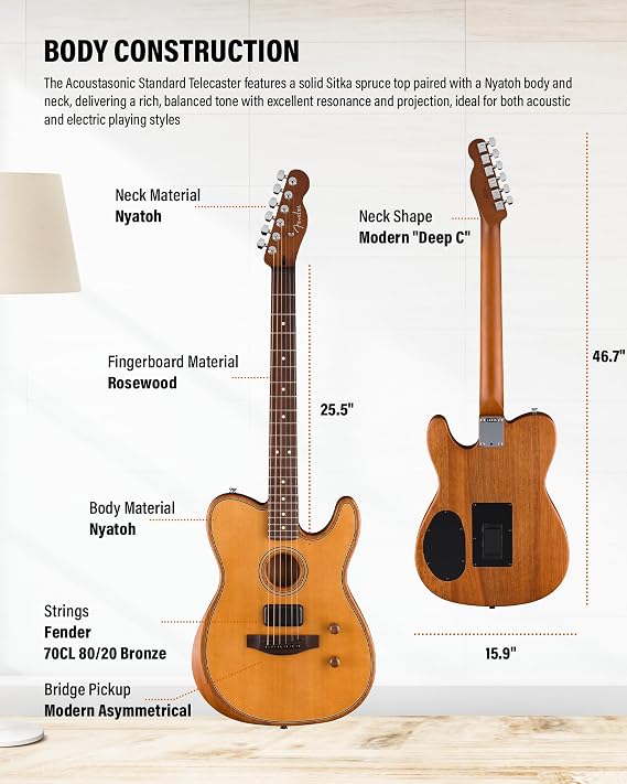 Fender Acoustasonic Standard Telecaster - Aged Natural Bundle with Strap, Guitar Cleaning Kit and Austin Bazaar Instructional Video