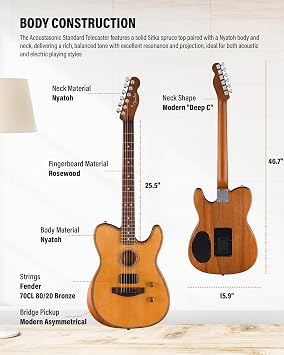 Fender Acoustasonic Standard Telecaster - Aged Natural Bundle with Strap, Guitar Cleaning Kit and Austin Bazaar Instructional Video