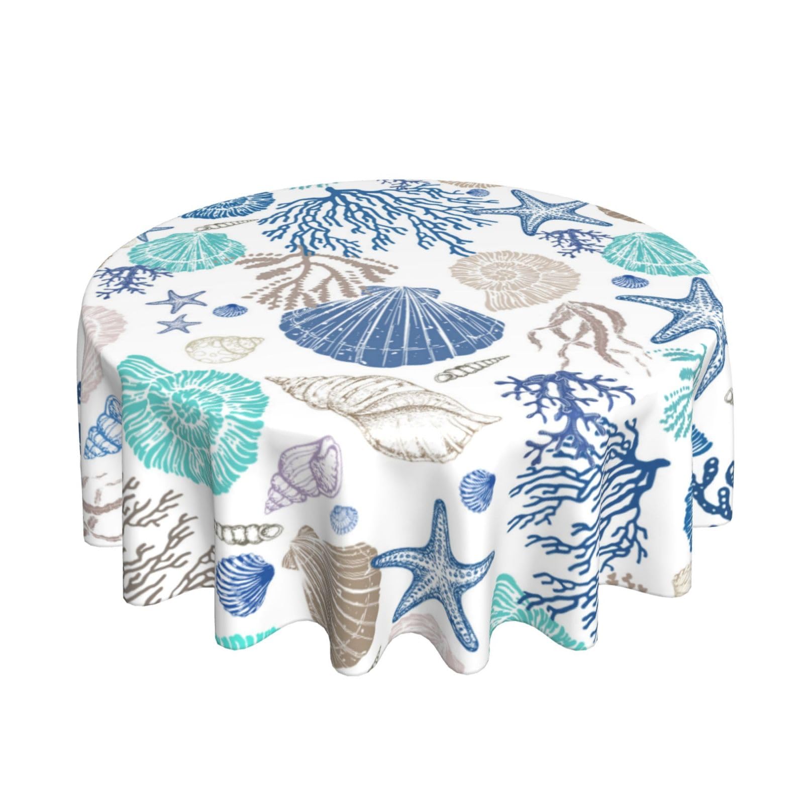 FJQWKLF Summer Nautical Coastal Tablecloth Round 60 Inch Beach Starfish Seashell Print Polyester Table Cloth Sea Coral Circular Table Cover for Party Kitchen Dining Picnic Holiday Outdoor Decor