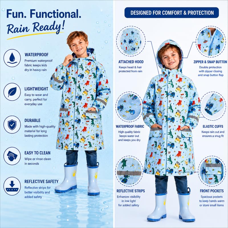 Image of Krystle Kids Glow Cartoon Print Raincoat with Bag Cover | Waterproof Zipper Rain Jacket for Boys n Girls | School Raincoat with Reflective Strip for Kids (Purple,Multisize)