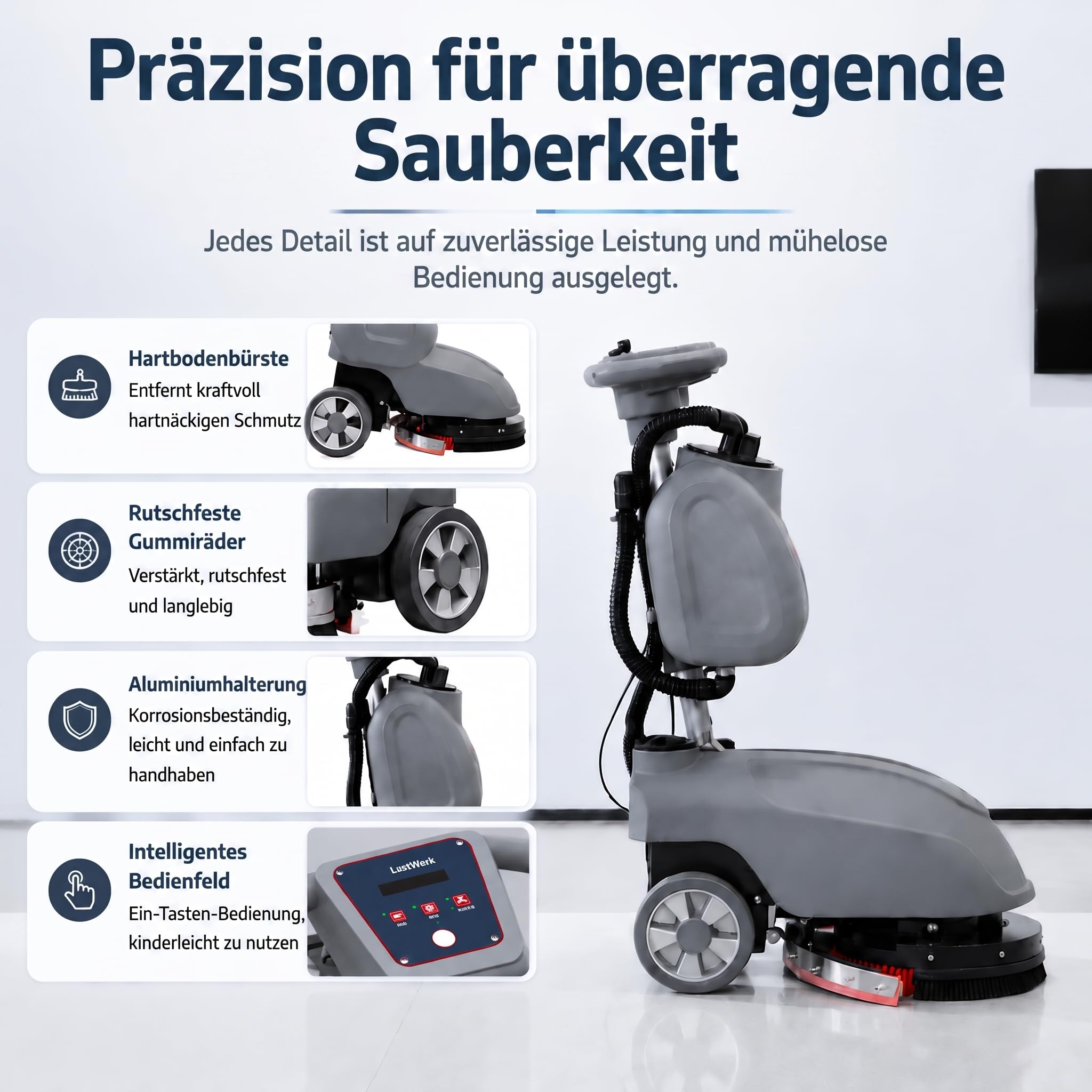 Hydromax X1 Scheuersaugmaschine – 3-in-1 Schrubben, Reinigen & Absaugen, 10 L /15 L Wassertank, 24 V/32 Ah Akku, 300 W Bürstenmotor, 400 W Saugmotor, bis 1.350 m²/h, Grau