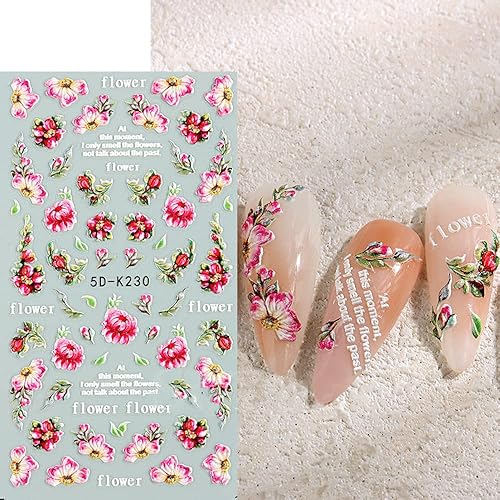 Miniatura 6 de Pegatina de arte de uñas de flores, acrílico 5D, exquisitas calcomanías de uñas en relieve, flores de primavera y verano, peonía, margaritas,