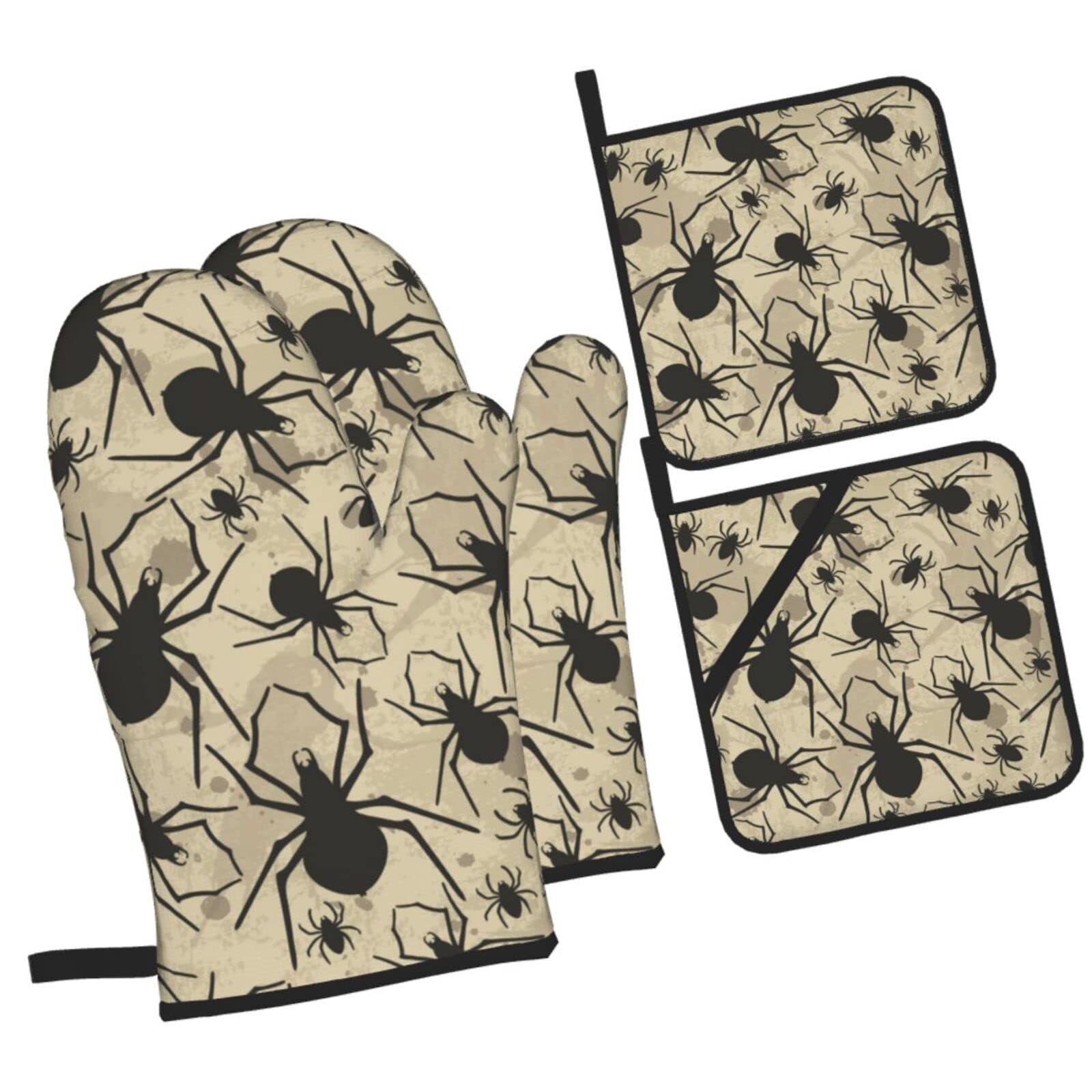 Vector Pattern of Spiders Oven Mitts and Pot Holders Sets, Christmas Oven Mitt Kitchen Heat Resistant Non-Slip Pot Holders Set for Cooking Baking BBQ