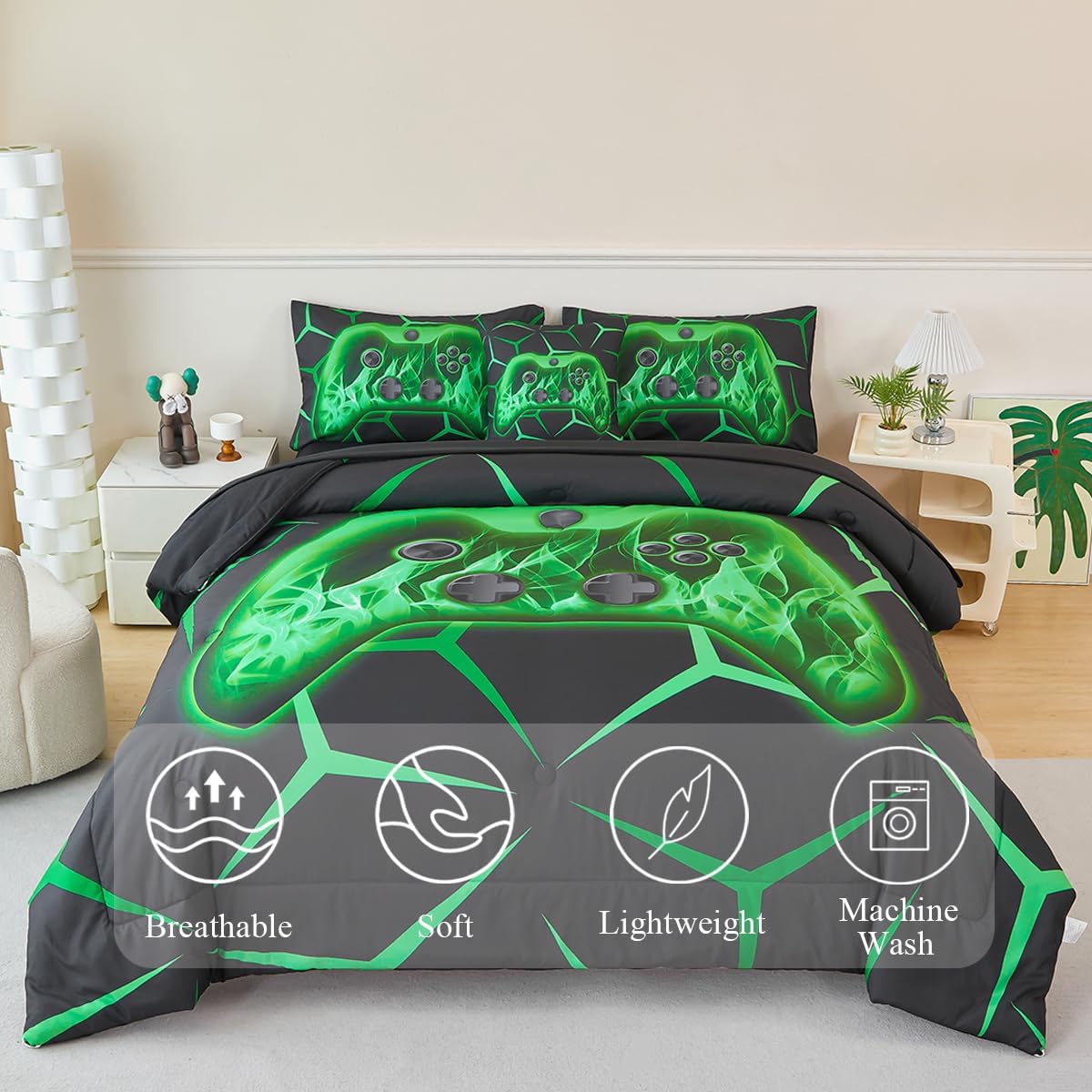 Black Green Queen Comforter Set Kids Bedding Set for Boys Gaming Bed in A Bag for Teens Children Soft Fluffy Geometric Gamepad Bed Sets All Seasons(Green, Queen)
