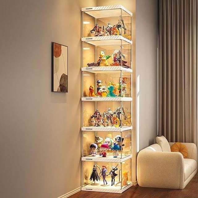 Hggdsac Vitrina de acrílico, Vitrina Cristal con Puerta Magnética,Organizador de Juguetes coleccionables, LED