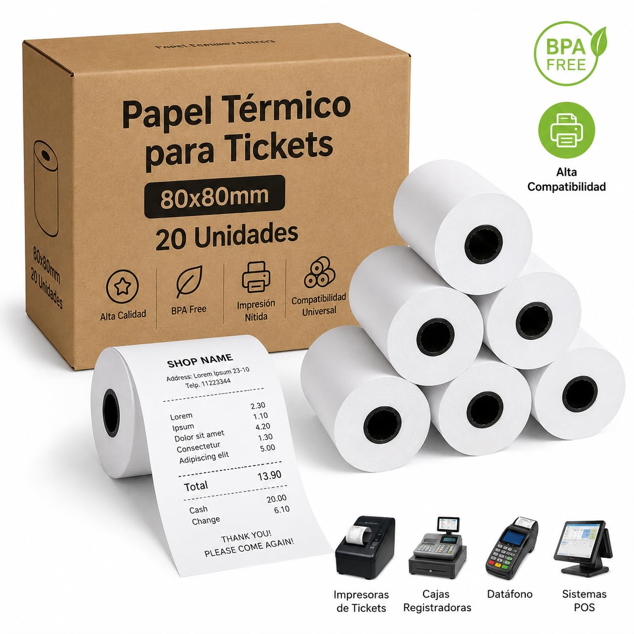 CIVELLO Papel Térmico para Tickets, Rollo de Papel TPV BPA Free, Compatible con Impresoras de Tickets, Caja Registradora, Datáfono y POS de 20 y 50 unidades (50, 80x60mm)