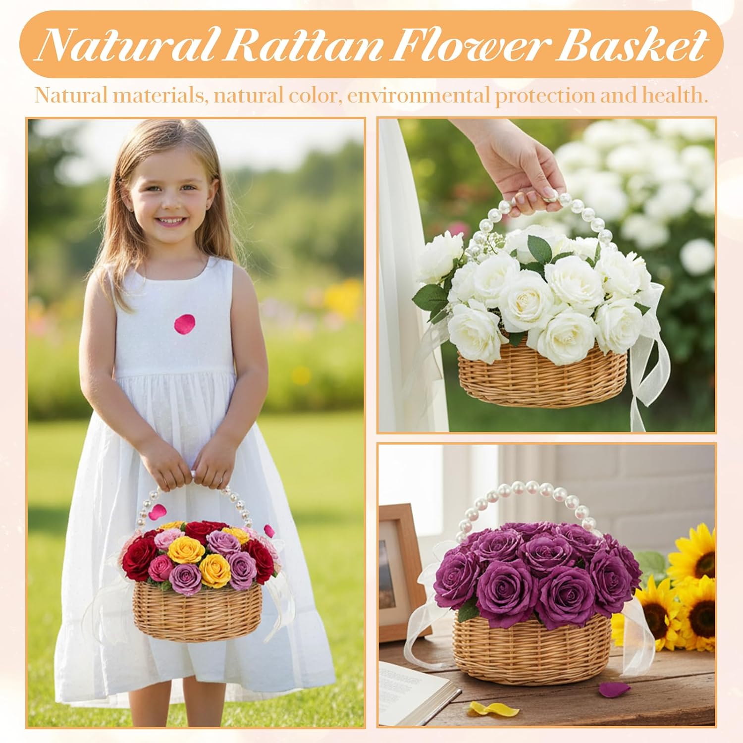 2 Set Wicker Flower Girl Basket, Small Wicker Basket with Handle, Pearl Handle & Ribbon Bow for Wedding Decor