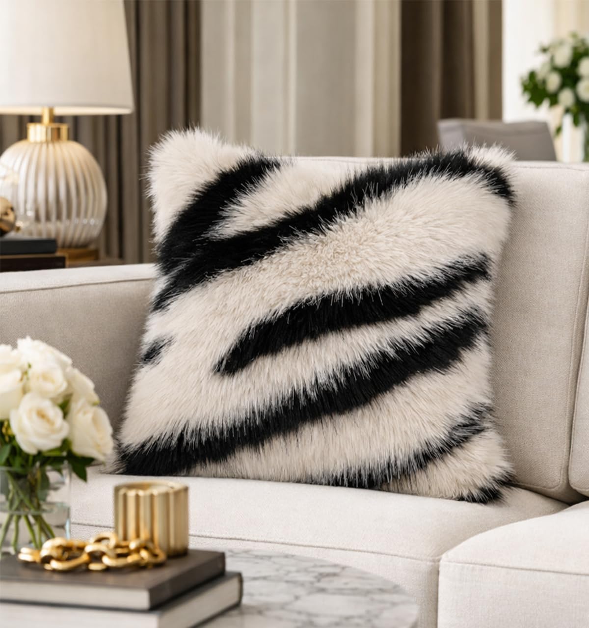 Fennco Styles Zebra Stripe Faux Fur Animal Design Decorative Throw Pillow Cover 18" W x 18" L – White Plush Cushion Case for Couch, Bedroom, Living Room and Office Décor