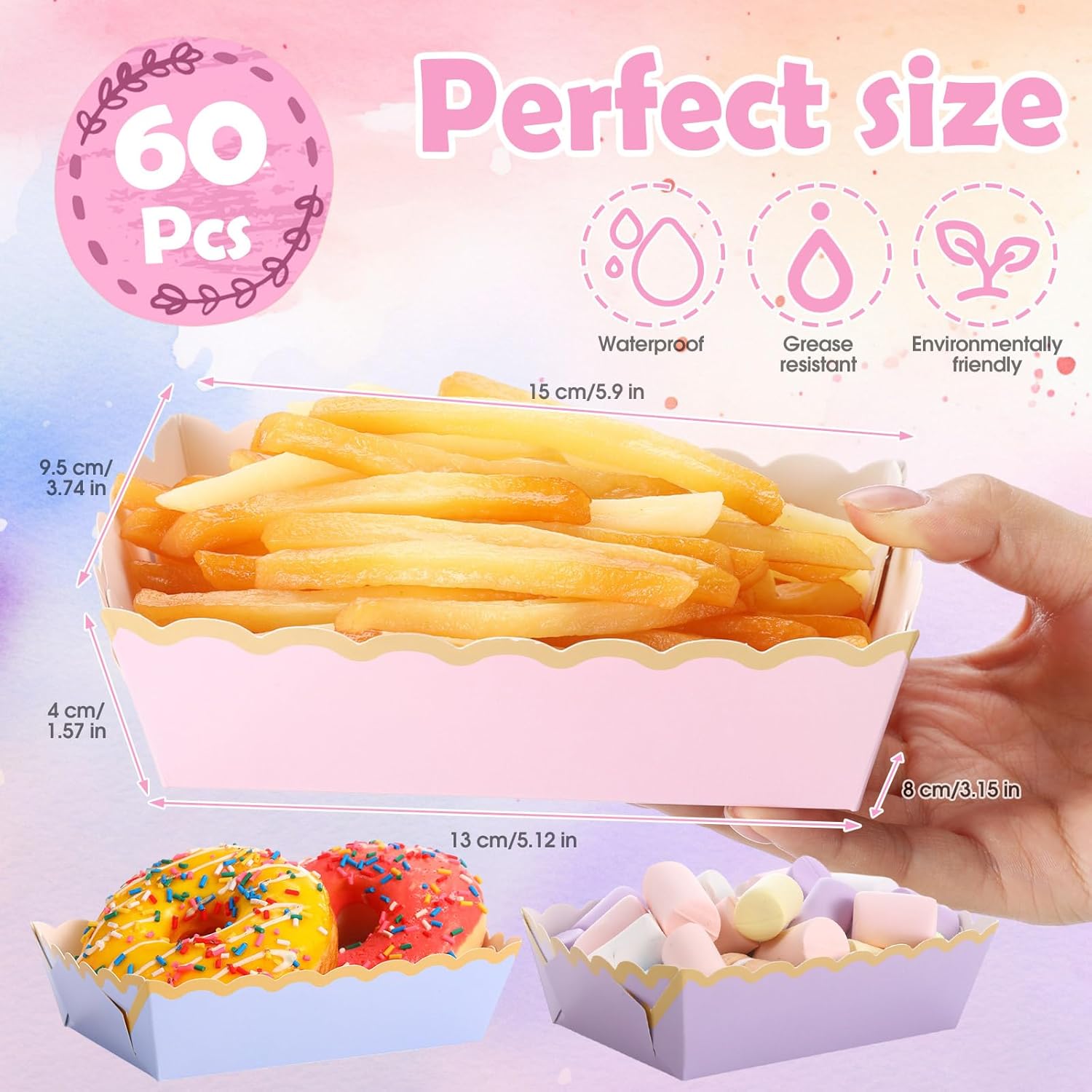 Blushtier 60pcs Pastel Paper Food Boat Trays Easter Colorful Scalloped Party Supplies Kraft Disposable Nacho Serving Trays Plates with Gold Edge Holder for Snack French Fries Hot Dog Tacos BBQ Picnic