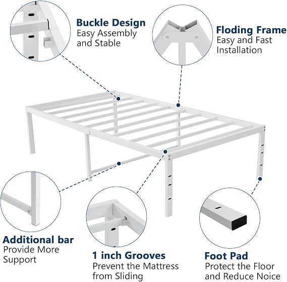 14 Inch Twin Bed Frame with Storage Heavy Duty Tall Metal Platform Bed Frame with Steel Slats No Box Spring Needed Anti Slip White