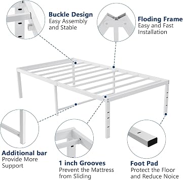 14 Inch Twin Bed Frame with Storage Heavy Duty Tall Metal Platform Bed Frame with Steel Slats No Box Spring Needed Anti Slip White