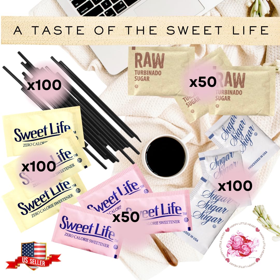 Happy Little Heart Sugar & Sweetener Assortment Packets - Sucralose, Saccharin, Brown Sugar, Pure Cane Sugar & HLH Sip and Stir Coffee Stirrers (400 Pack) - Perfect for Home, Office, Coffee Shops, Bars & Gifts!"