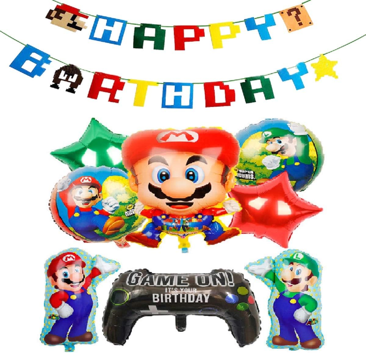 スーパーマリオ 誕生日 飾り付け パーティー セット 可愛い キャラクター 子供 男の子 3 女の子 レッド グリーン アニメ Happy Birthday ガーランド バルーン 風船 スター ゲームコントローラ 9枚セット てなグッズや