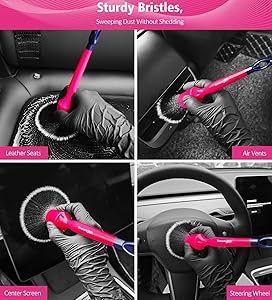 YeewayVeh 6PCS Car Detailing Brush Set, 3pcs Boars Hair Detailing Brushes, 3pcs Ultra Soft Detail Brush for Leather Seat Air Vents Engine Bay, Detail Brushes Car Detailing for Interior Exterior, Pink