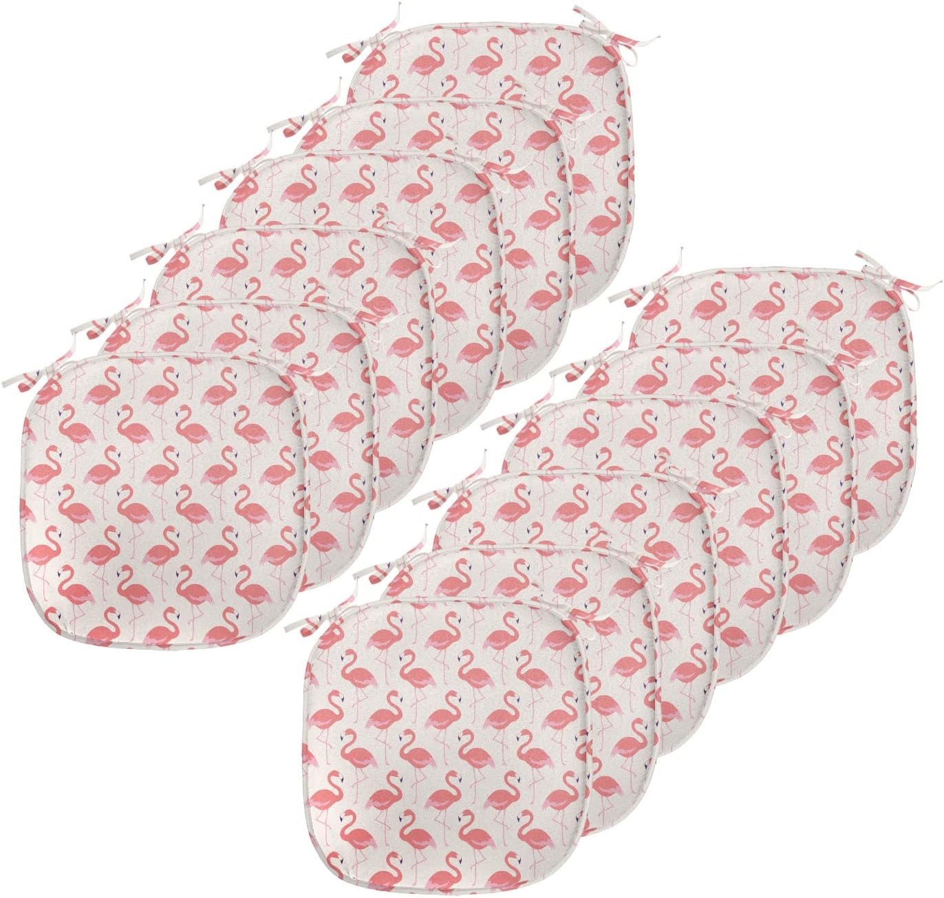 Lunarable Flamingo Chair Seating Cushion Set of 12, Ornamental Feminine Style Bird Pattern Exotic Hipster Design, Anti-Slip Seat Padding for Kitchen & Patio, 16"x16", Pale Salmon Dark Coral