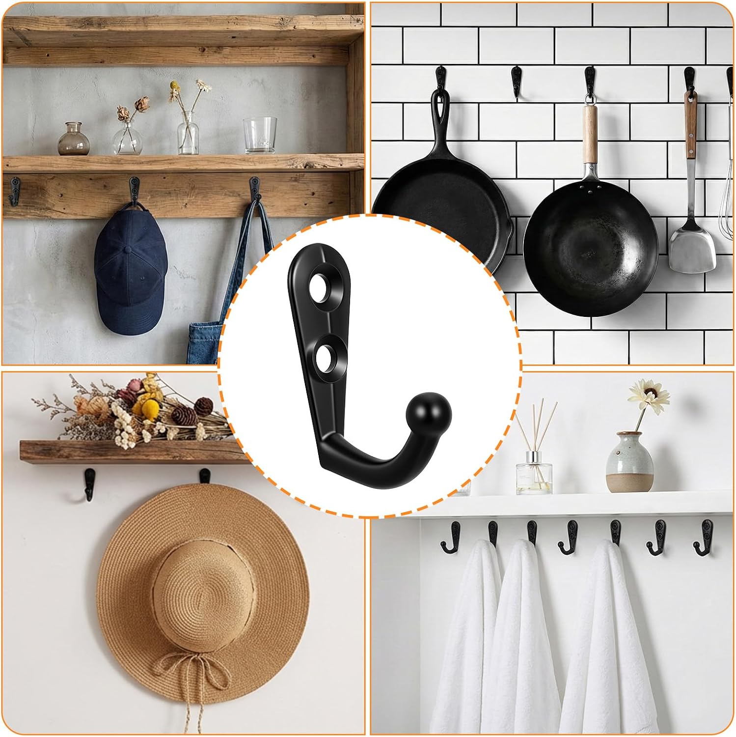 20 Pcs Black Wall Mounted Coat Hooks with 40 Pcs Screws | Rustproof Key Holder Wall Mount Small Closet Hook Multi-Room Use Hanger Hook for Hanging Coats Towels Hats Keys (Black)