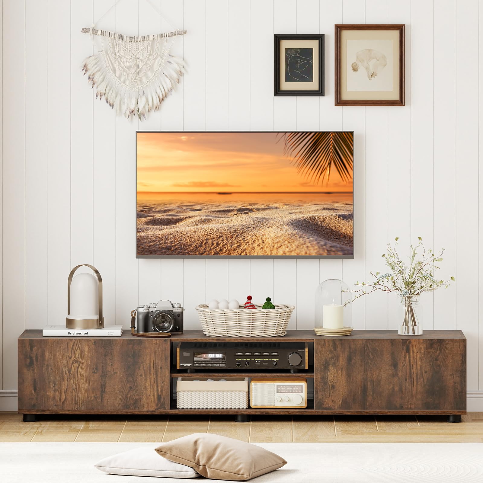 COSTWAY Mobile Porta TV Fino a 70", Supporto TV con 2 Mobiletti, 2 Ripiani Aperti e 6 Gambe di Sostegno, Tavolo Consolle per Televisore per Soggiorno e Camera da Letto, 160 x 35 x 30 cm (Marrone)