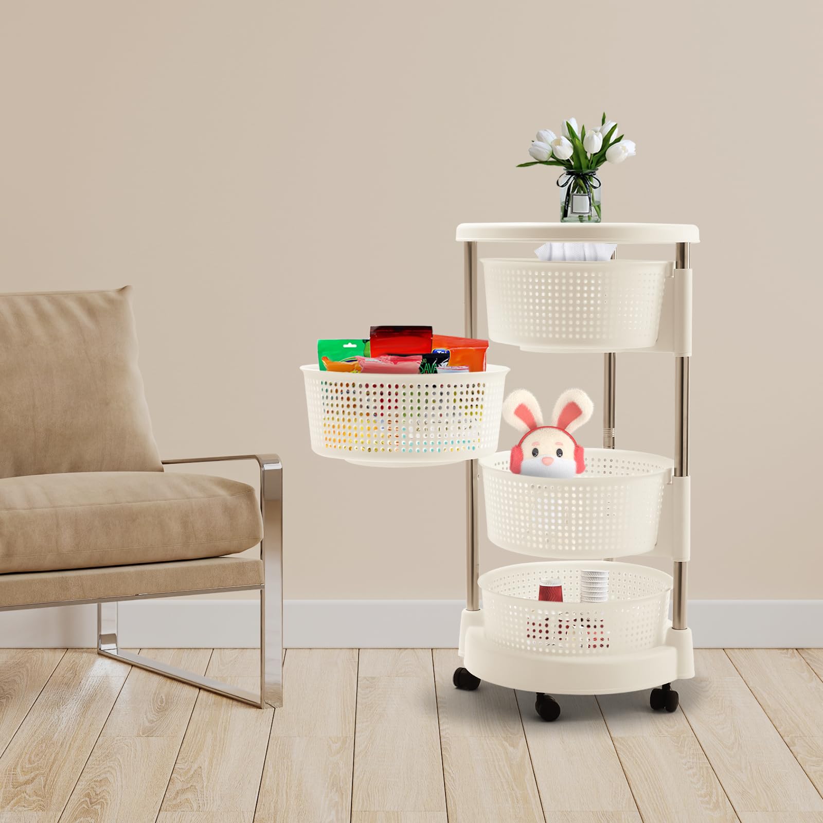 Gemüseregal für Küche, 4 Etagen Aufbewahrungsregal Küche mit Rädern, 360° Drehbares Obst und Gemüsekorb Obstwagen Küchenregal für Küche Bad Wohnzimmer