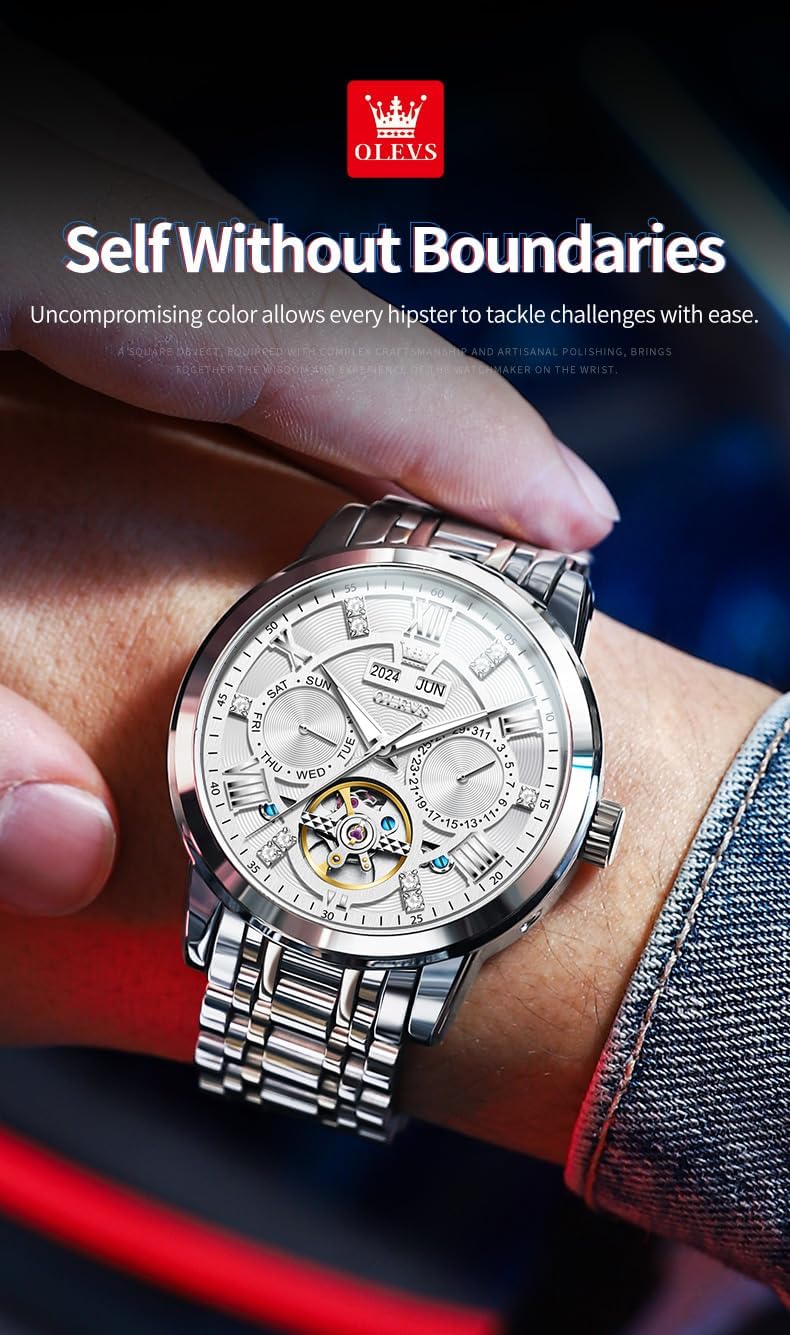 OLEVS Mens Automatic Watches Gold Skeleton Tourbillon Self Winding Mechanical Stainless Steel Waterproof Dress Wristwatch - Image 2