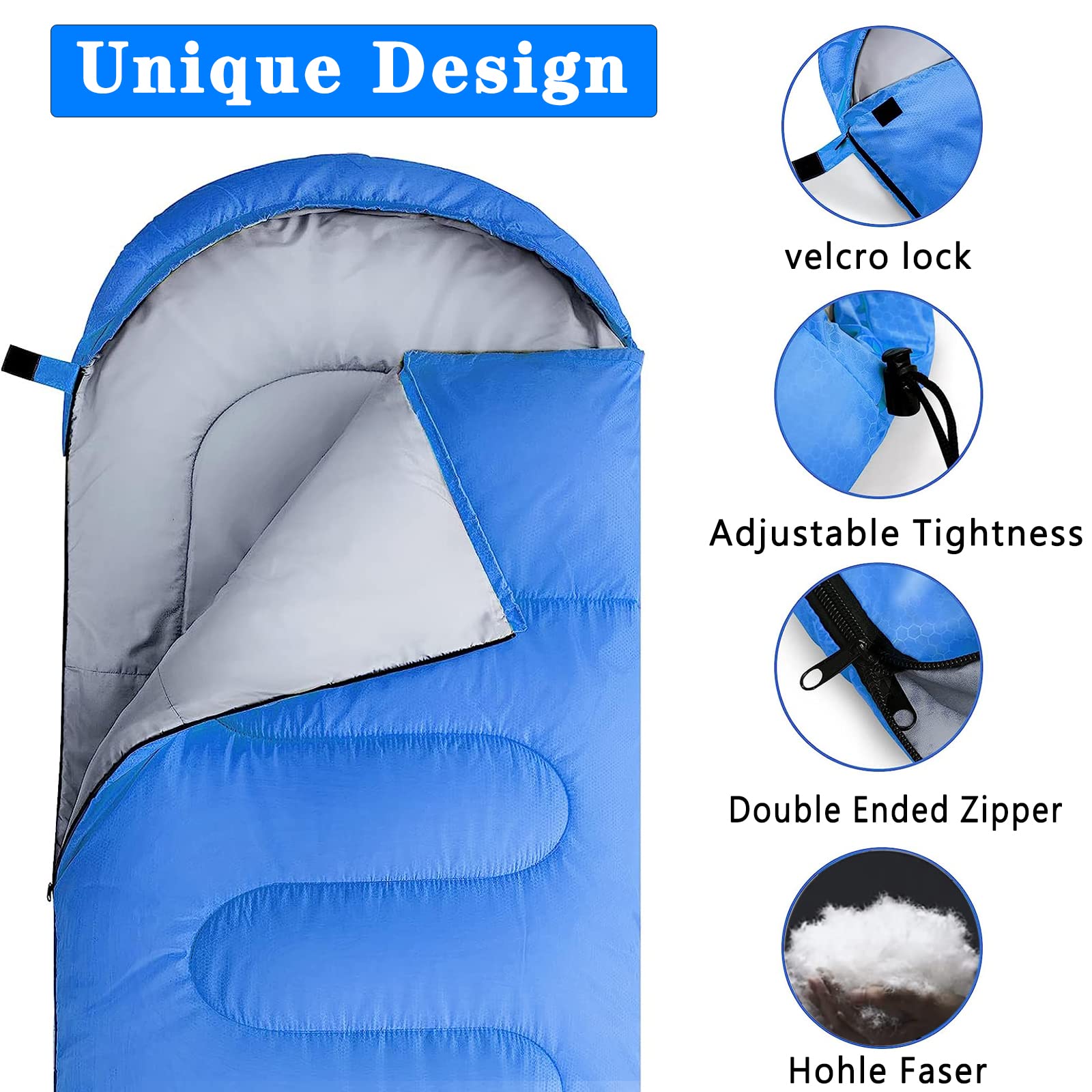 Blauer Tragbarer Schlafsack 4 Jahreszeiten 210 * 75cm mit Kissen, Augenmaske und Ohrstöpsel für Erwachsene und Kinder - Camping, Strand und Wandern