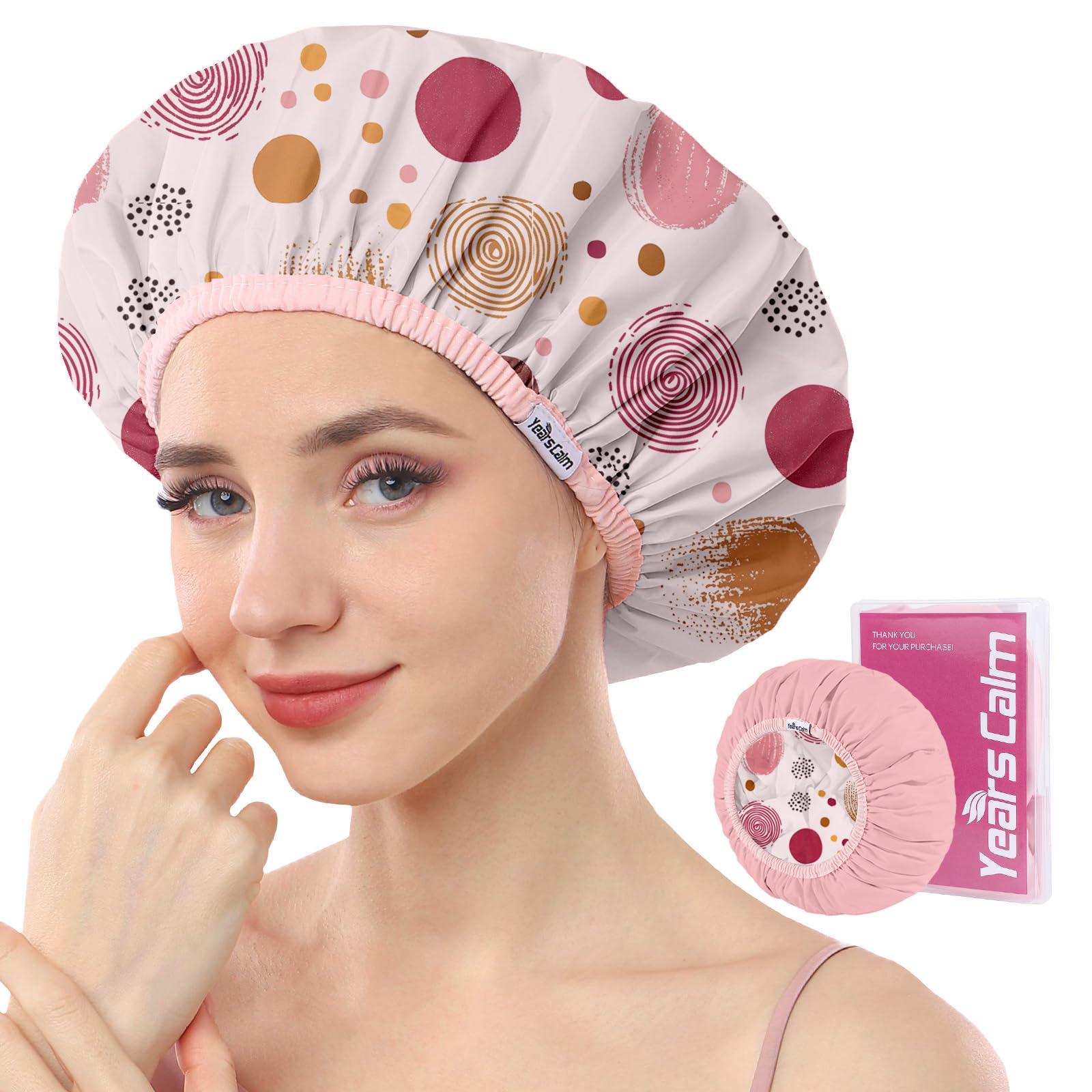 Years calm Luxury Shower Caps for Women Reusable Waterproof – Polka Dot Double Layer Bath Cap with Adjustable Elastic for Braids & Long Hair,