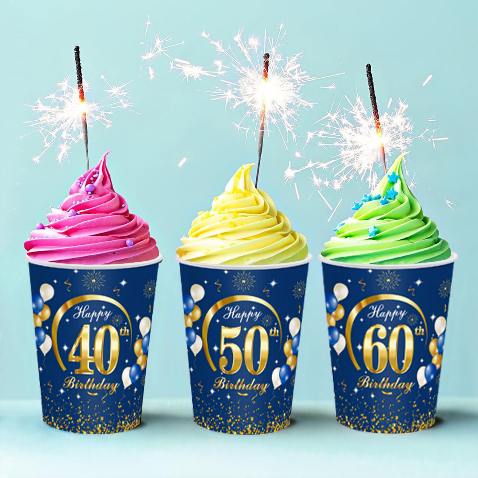 16 Pezzi Bicchieri di Carta per 40° Compleanno Blu Oro, 40 Anni Bicchieri per Feste,9oz/250ml Tazze Ecologici Carta di Usa e Getta,Decorazioni Festa Compleanno -16 Ospiti