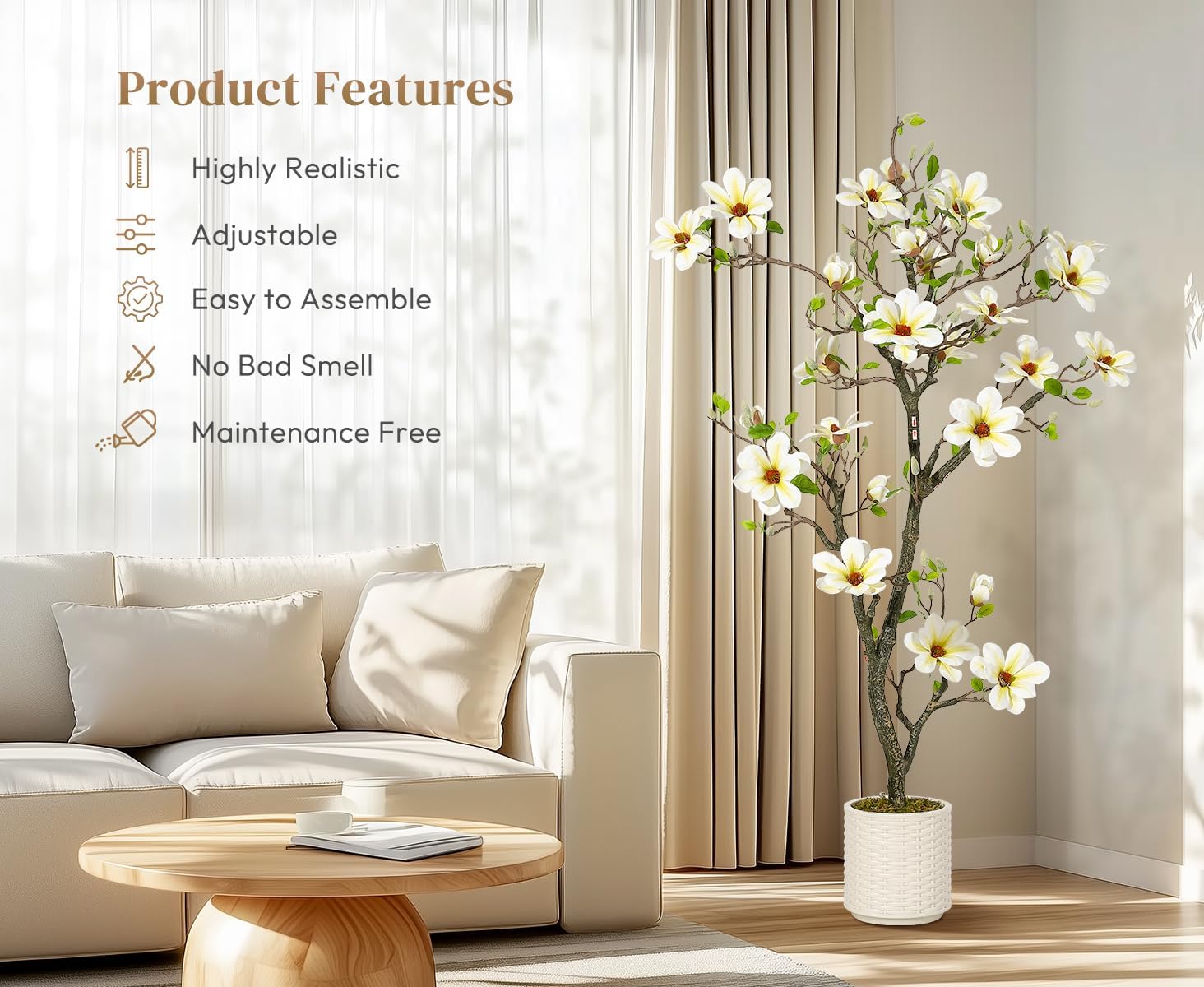 5FT Faux Magnolia Plants Artificial Flower Trees Fake Plants For Yard Patio Home Office Arrangement Decor Indoor Outdoor Artificial Magnolia Tree Inc. 120 Realisc Flowers Vivid Leaves Mosses White Pot