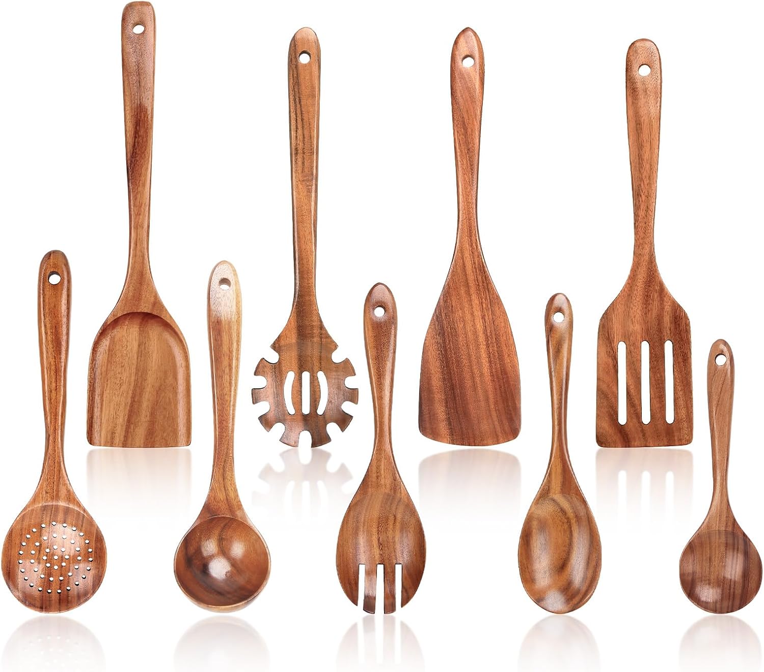 Kitchen Wooden Cooking Utensil Set, Heat Resistant Teak Wooden Spoons for Cooking (9pcs)