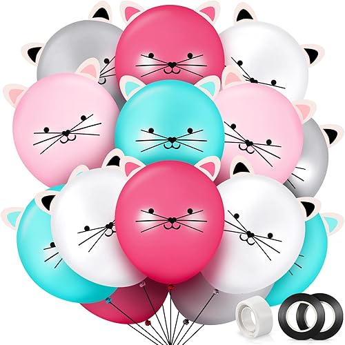 50 globos de gato de 12 pulgadas para fiesta, de látex, gatito, para fiesta de cumpleaños con orejas, globos para niños, suministros para niñas, 5