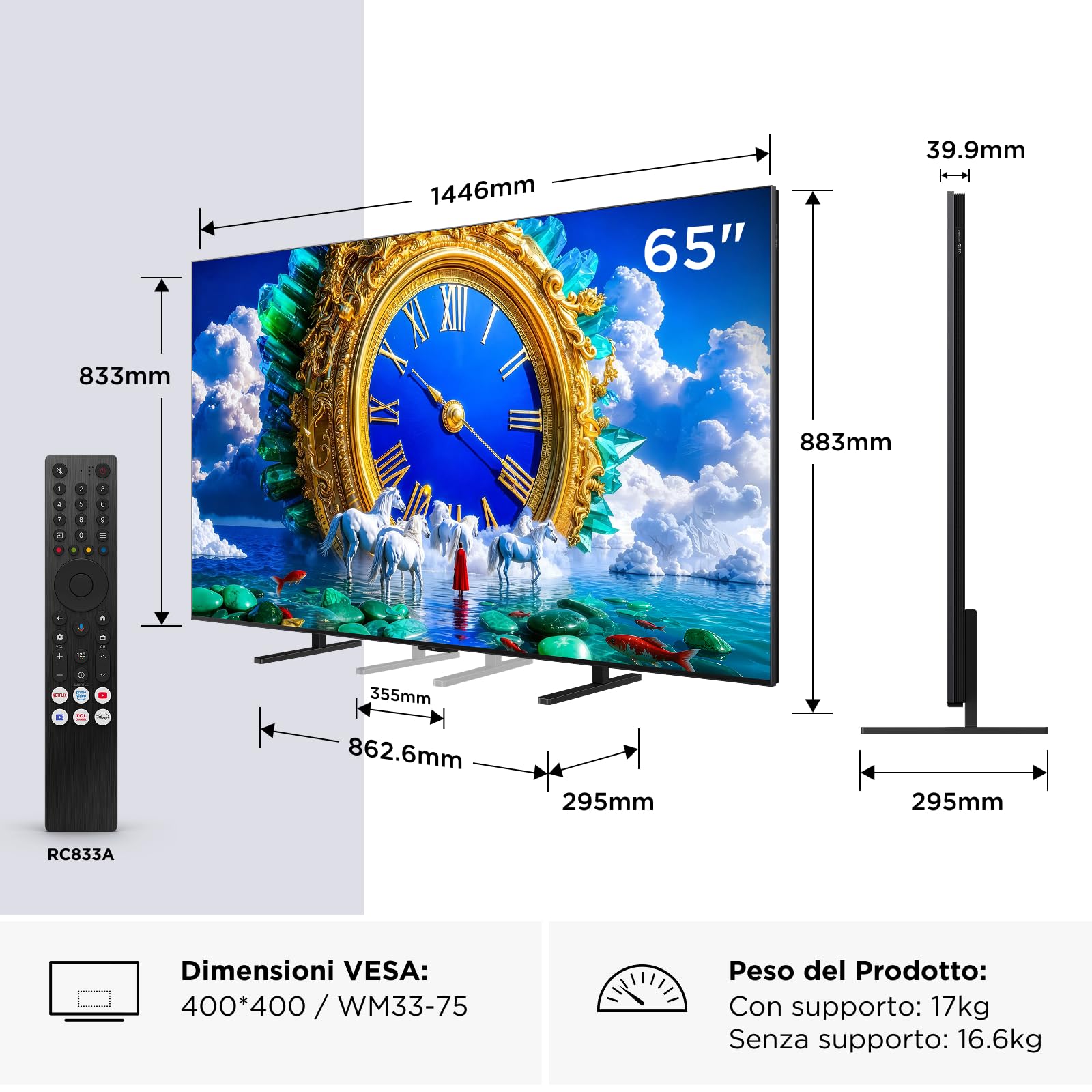 TCL 65A400 65” QLED, 4K HDR, Pannello HVA, Google TV, Dolby Vision & Atmos, Onkyo 2.0, 144Hz, AirPlay 2, Design piatto e sottile