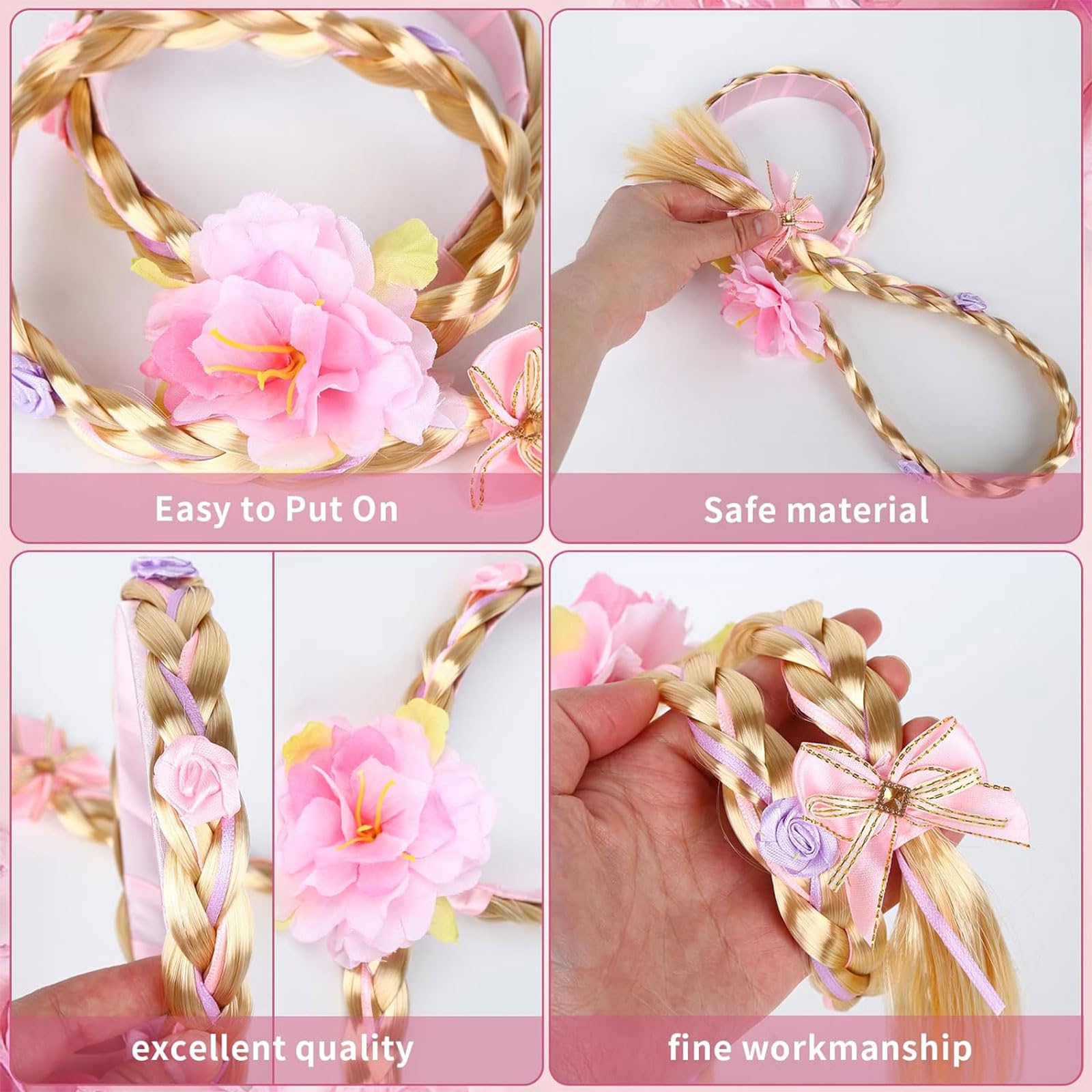 Pack De 2 Pelucas Trenzadas De Princesa Para Niñas – Diadema Con Flores Y Lazo O Corona – Cabello Largo Rubio De Fibra Sintética – Accesorio Para Cumpleaños, Cosplay Y Fiestas De Disfraces