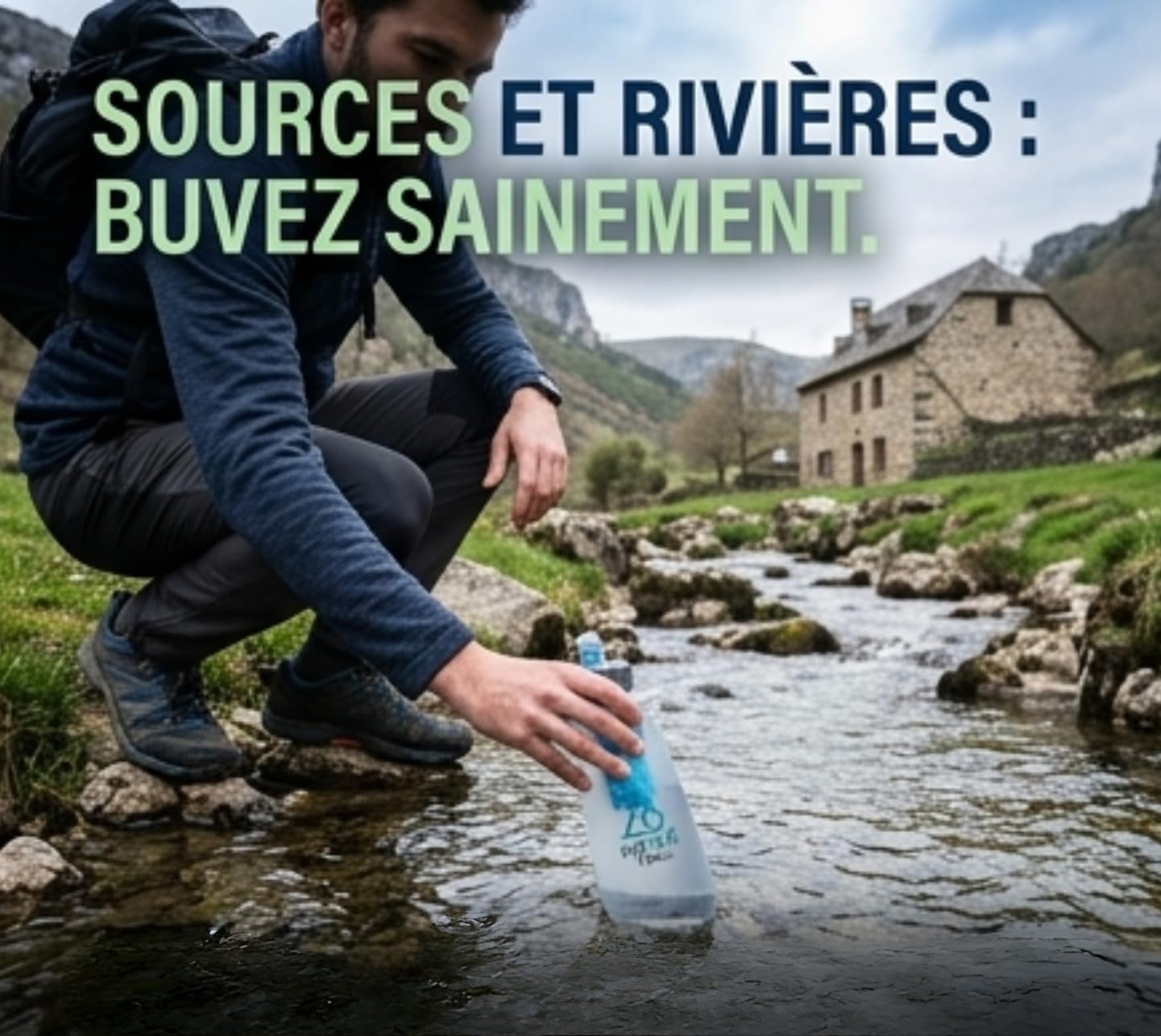 Gourde Filtrante 500 ml, compressible pour filtration de l'eau, pour le trail, la randonnée, les voyages, la pêche, le vélo ; sans BPA