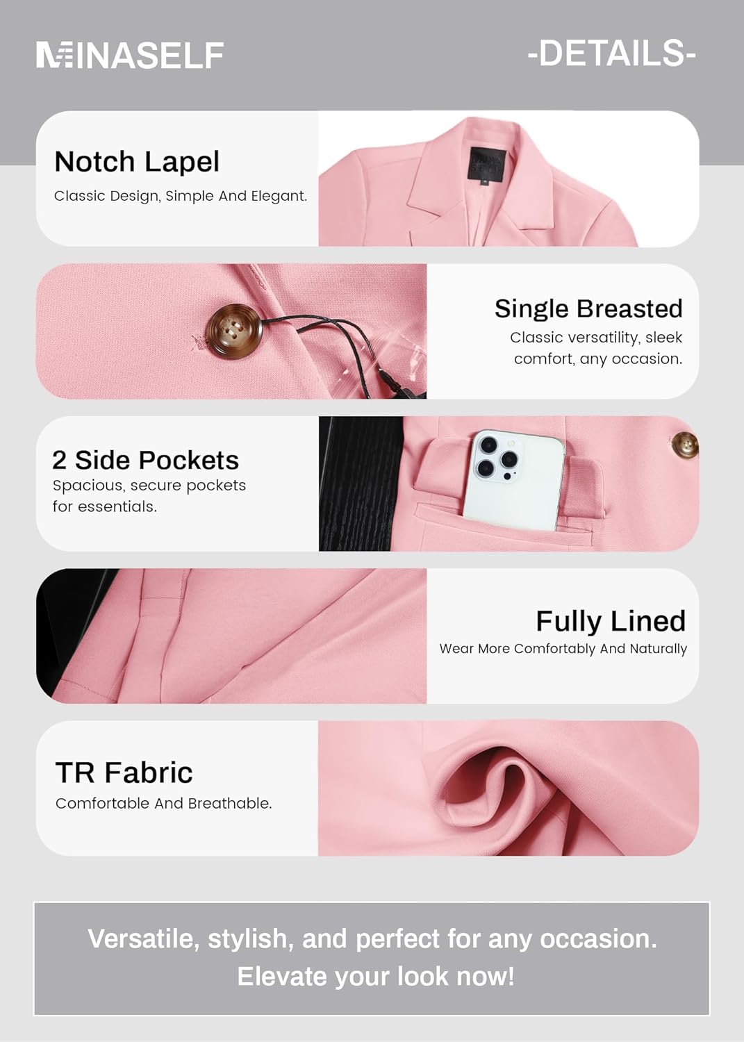 Mina Self 2026 Spring Women's Short Sleeve Blazer Jacket - Long Lightweight Fully-Lined One-Button Work Casual Fashion Pocket - Image 6