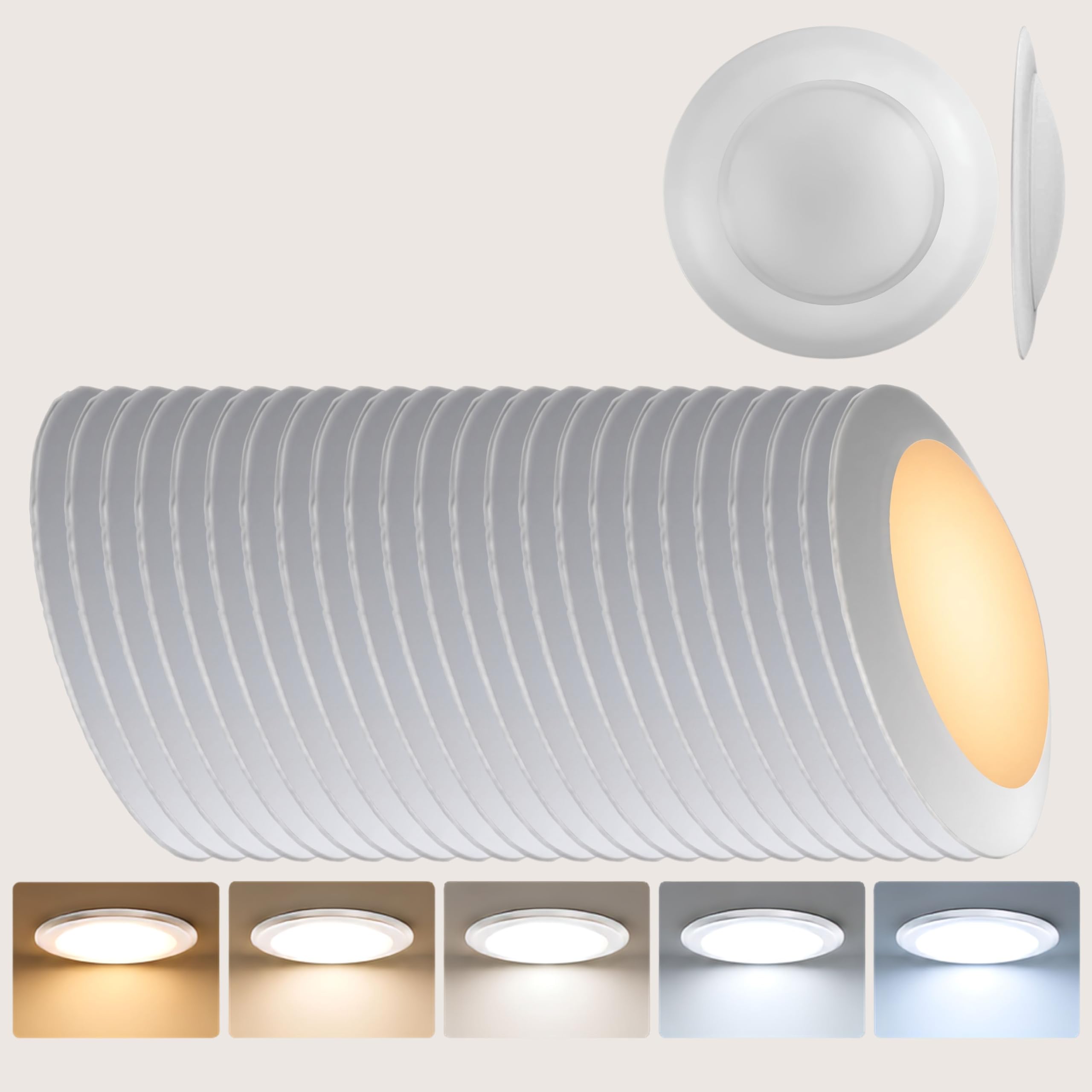 Dysk LED o zmiennej intensywności 15 W, 120 V, 2700 K, matowe białe wykończenie z kloszem z tworzywa sztucznego, ETL, komercyjne lub mieszkalne 6", 24 opakowania 2700 k, ciepła biel