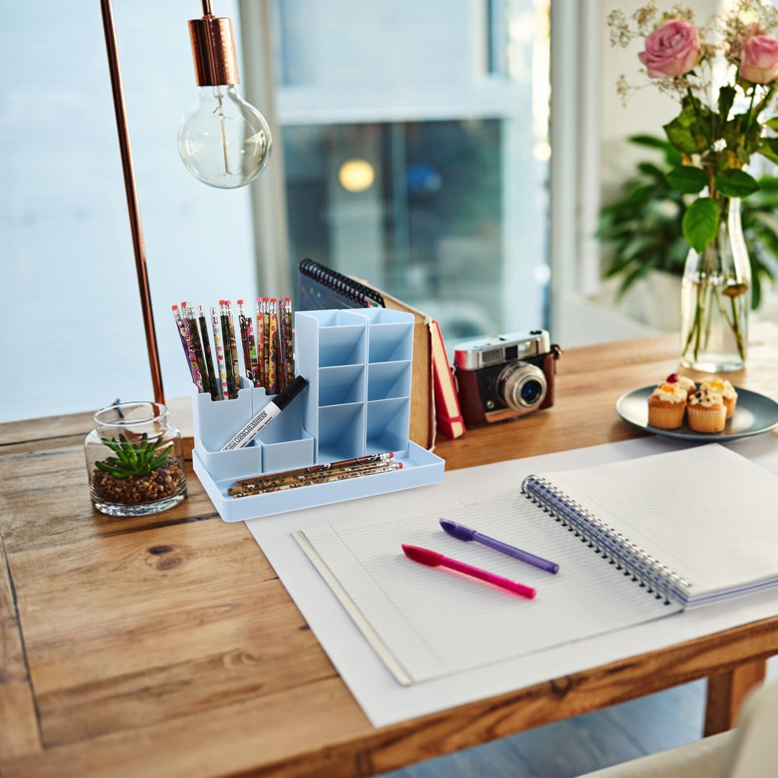 Portalápices y de Abs Vertical Azul Compartimentos Variados Organizador de Bolígrafos y Papelería Espacio de Trabajo Elegante y Funcional para Oficina, Escuela