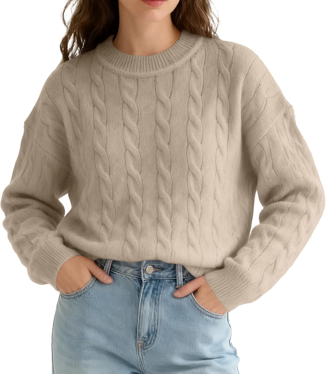 Ammiko Womens Sweaters Fall 2025 Chunky Cable Knit Long Sleeve Sweater Ribbed Crewneck Pullover Loose Jumper Tops