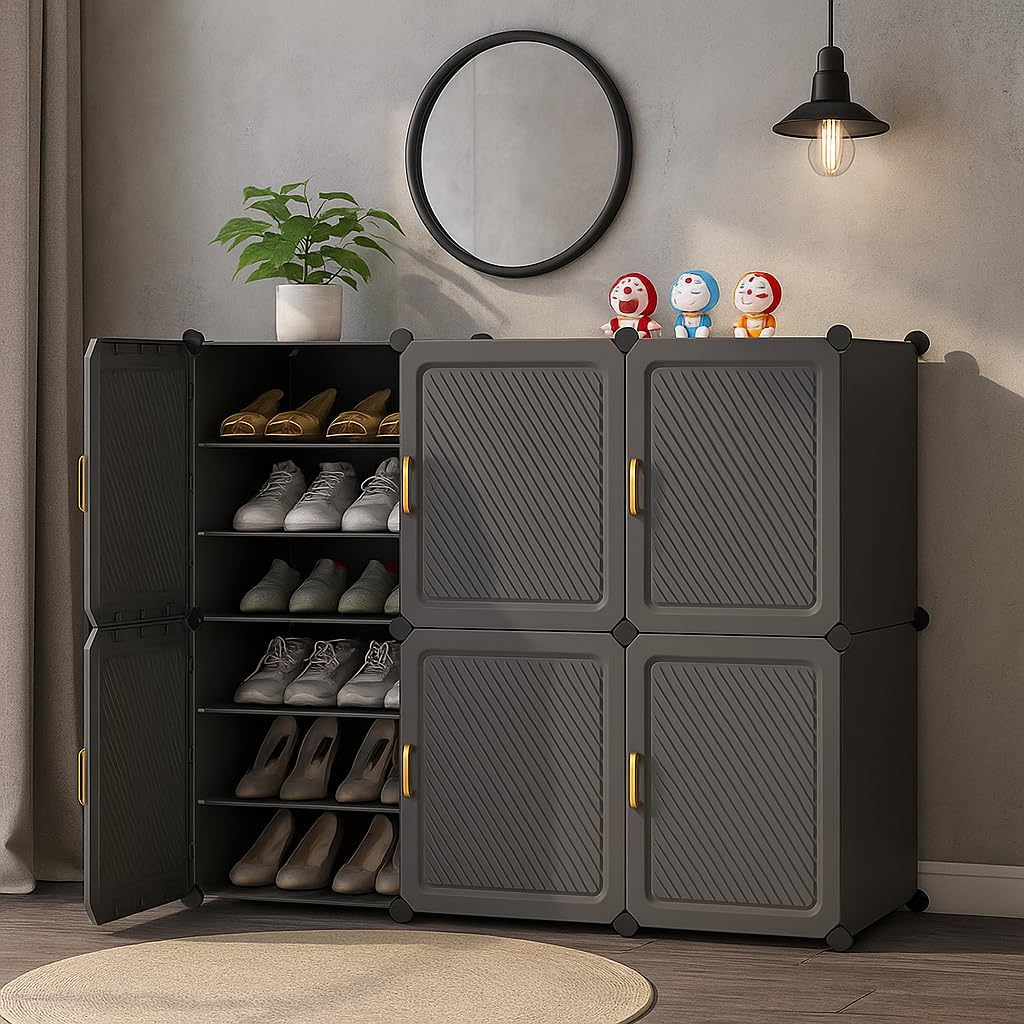 Mevigo Plastic Shoe Rack for Home with Door | 18-Tier Stackable Shoe Organizer | Holds 36 Pairs | Waterproof & Dustproof | DIY Modular Shoe Cabinet | Chappal Slipper Stand for Bedroom, Entryway | Grey