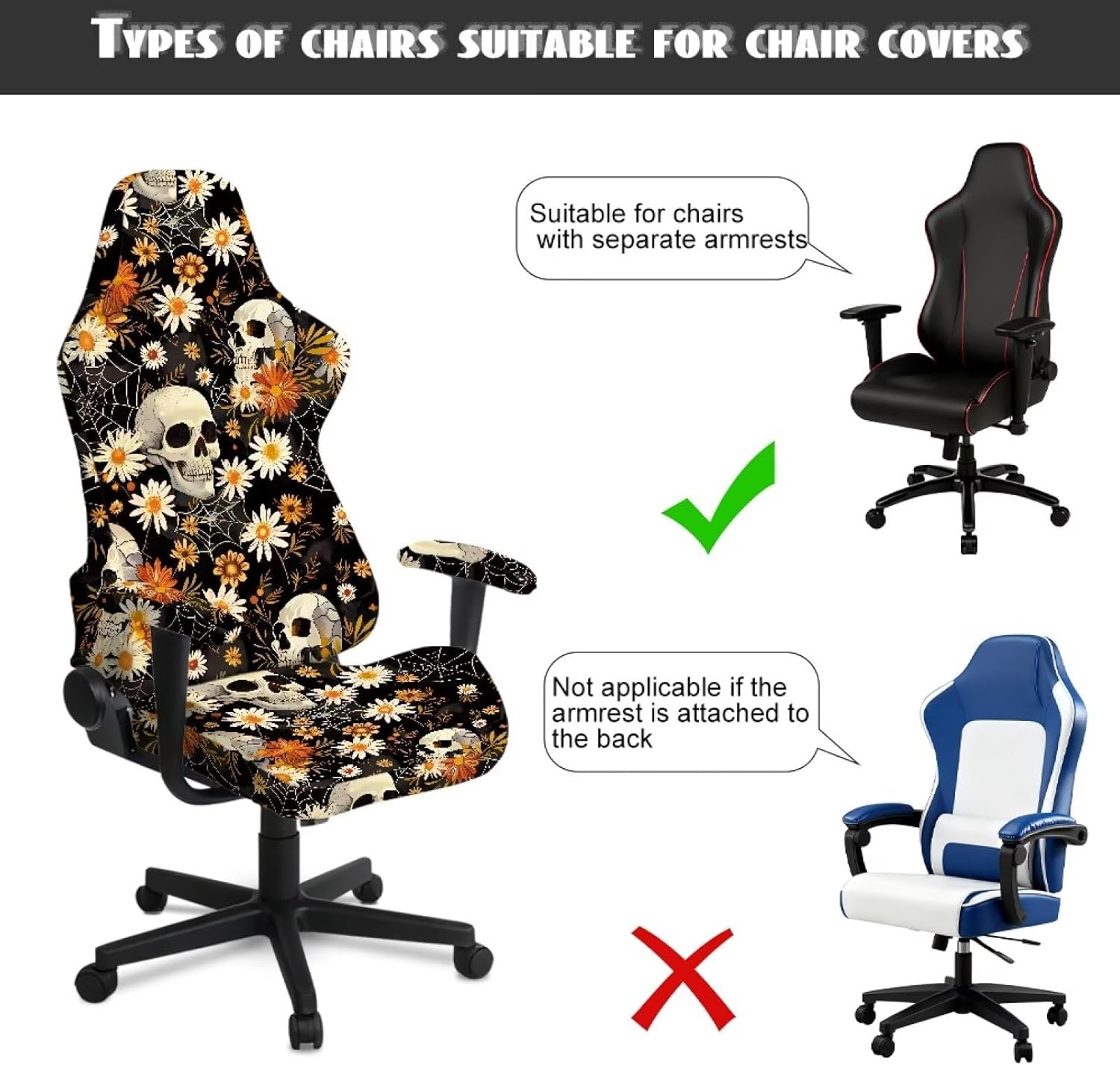 Gaming Chair Seat Cover Skull Daisy Large Office Chair Attached Arms Rest Slipcovers Soft Computer Chairs Seat Slipcovers Fits Most Office/PC Chairs & Racing Style Seats