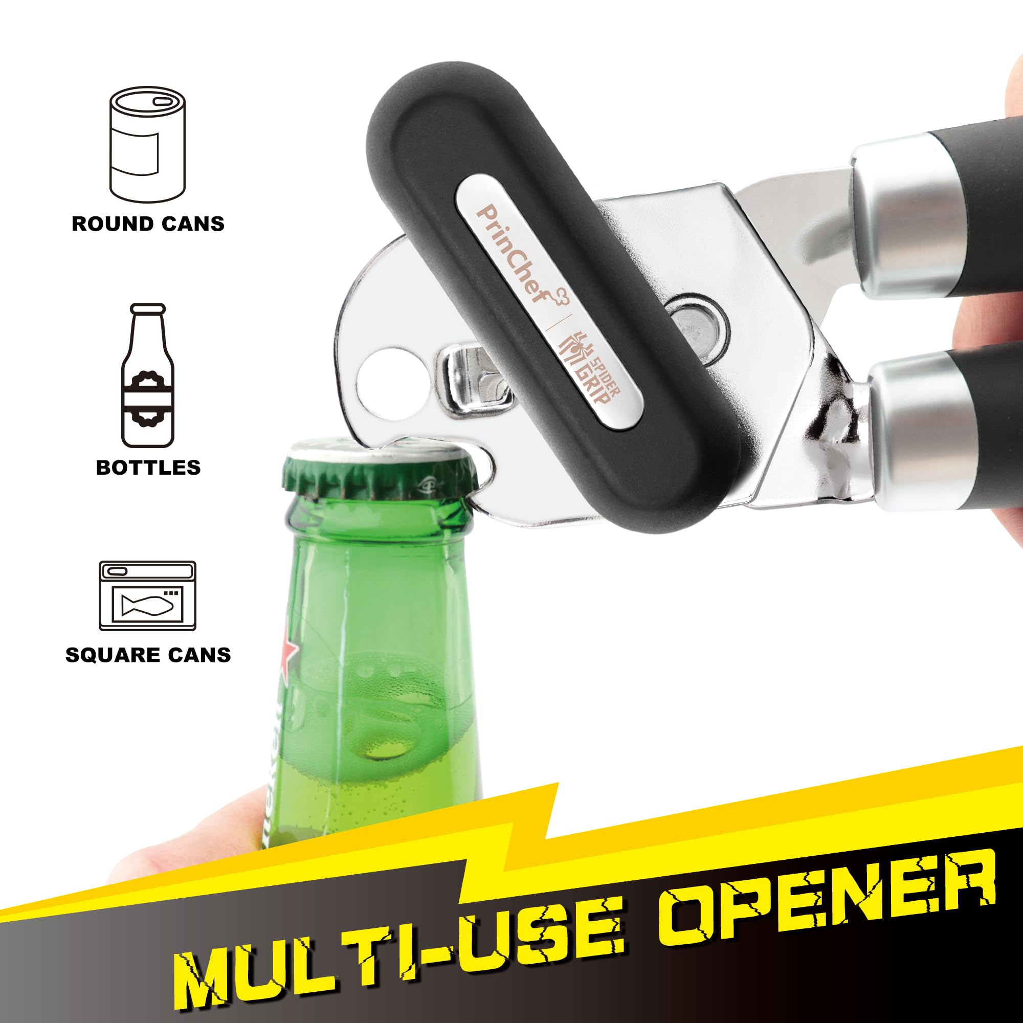 [Corte más suave] Abrelatas manual PrinChef con imán, mango mejorado para un agarre más cómodo, abrelatas de mano para personas mayores, abrelatas resistente, borde liso, abridor de botellas fácil de