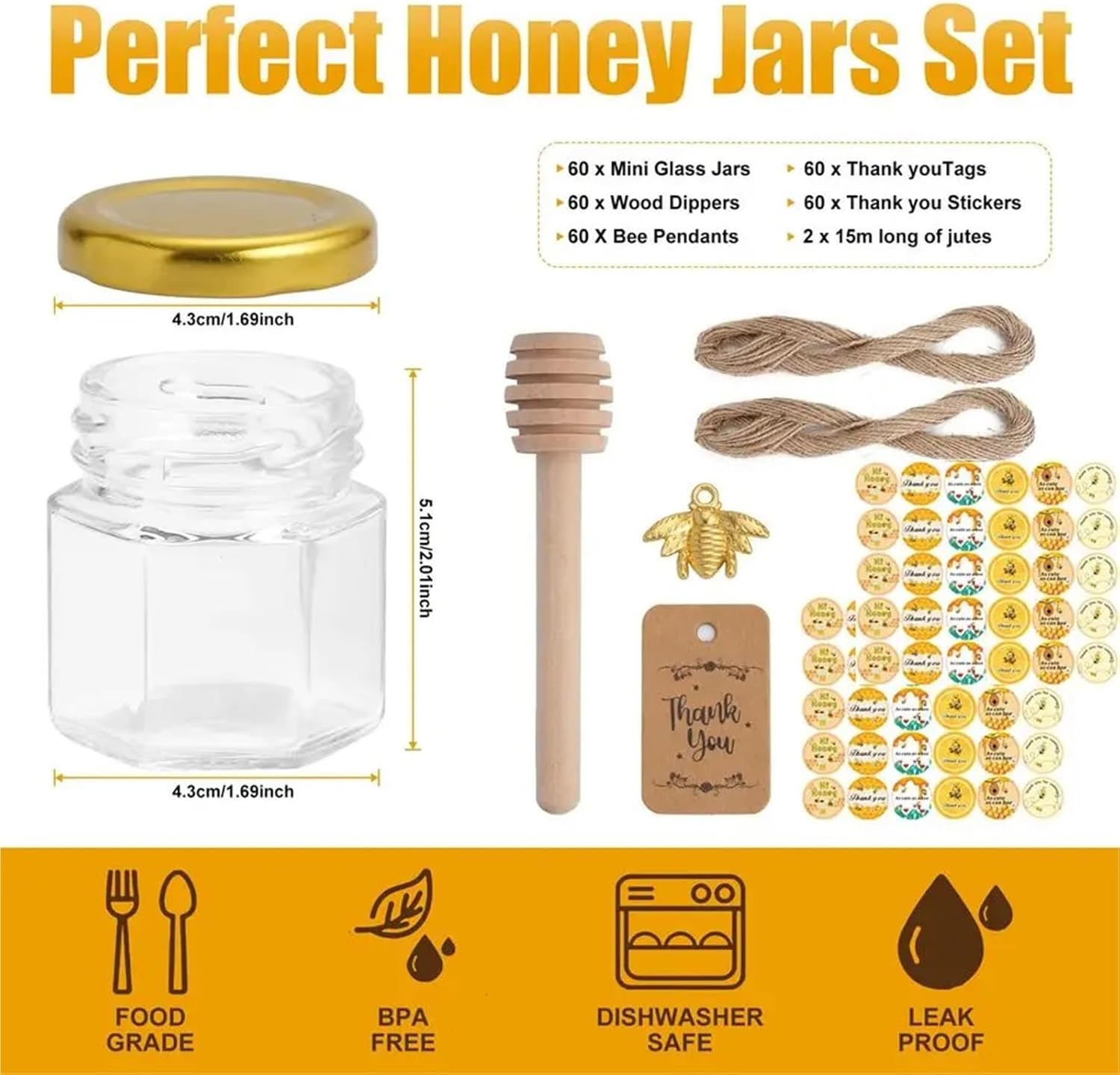 Honey Jars Party Favors Mini Glass Honey Jars 1.5Oz Hexagon Small Honey Jars In Bulk with Wooden Dippers,Bee Charms,Thank You Cards,Jutes and Stickers f