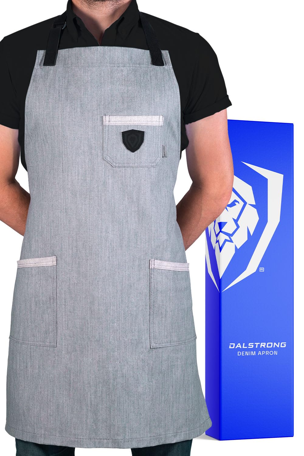 Dalstrong– Delantal profesional de chef – The Gandalf – Mezclilla gris – Detalles de piel – Ajustable