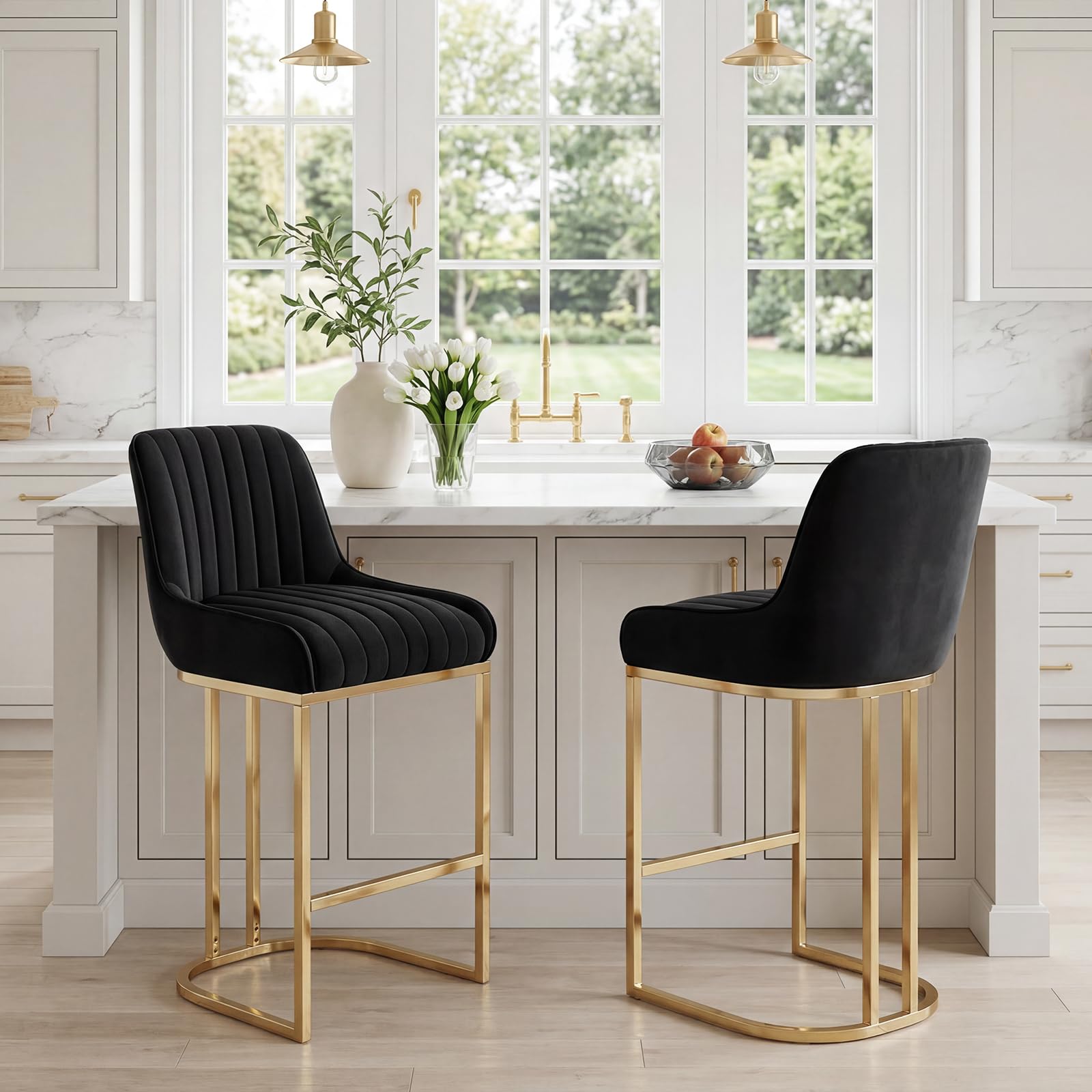 CIMOTA Black and Gold Counter Height Bar Stools Set of 2 with Back, Modern Kitchen Counter Stools Velvet Island Chairs Comfy Stripe Barstools for