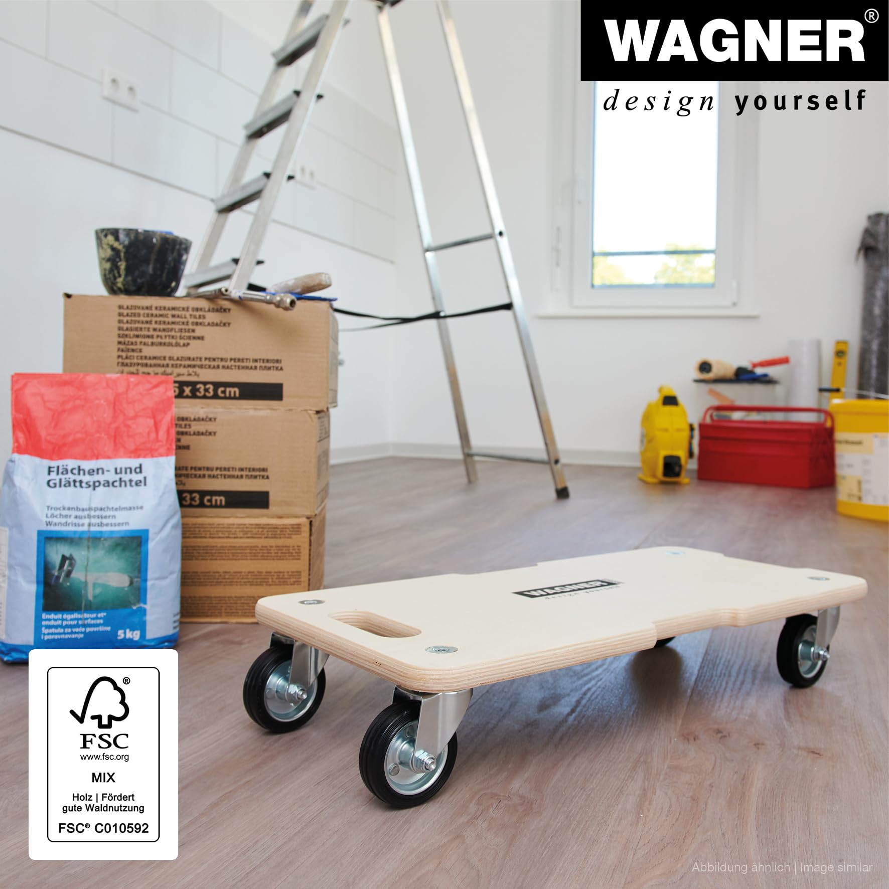WAGNER Transportroller Transporthilfe 1087 I Schichtholz I 60 x 50 x 13,5 cm, Tragkraft 400 kg I Möbelroller für Umzüge I Schwerlastrollbrett Vollgummi Soft-Rollen I Tragegriff I FSC® I Made in DE